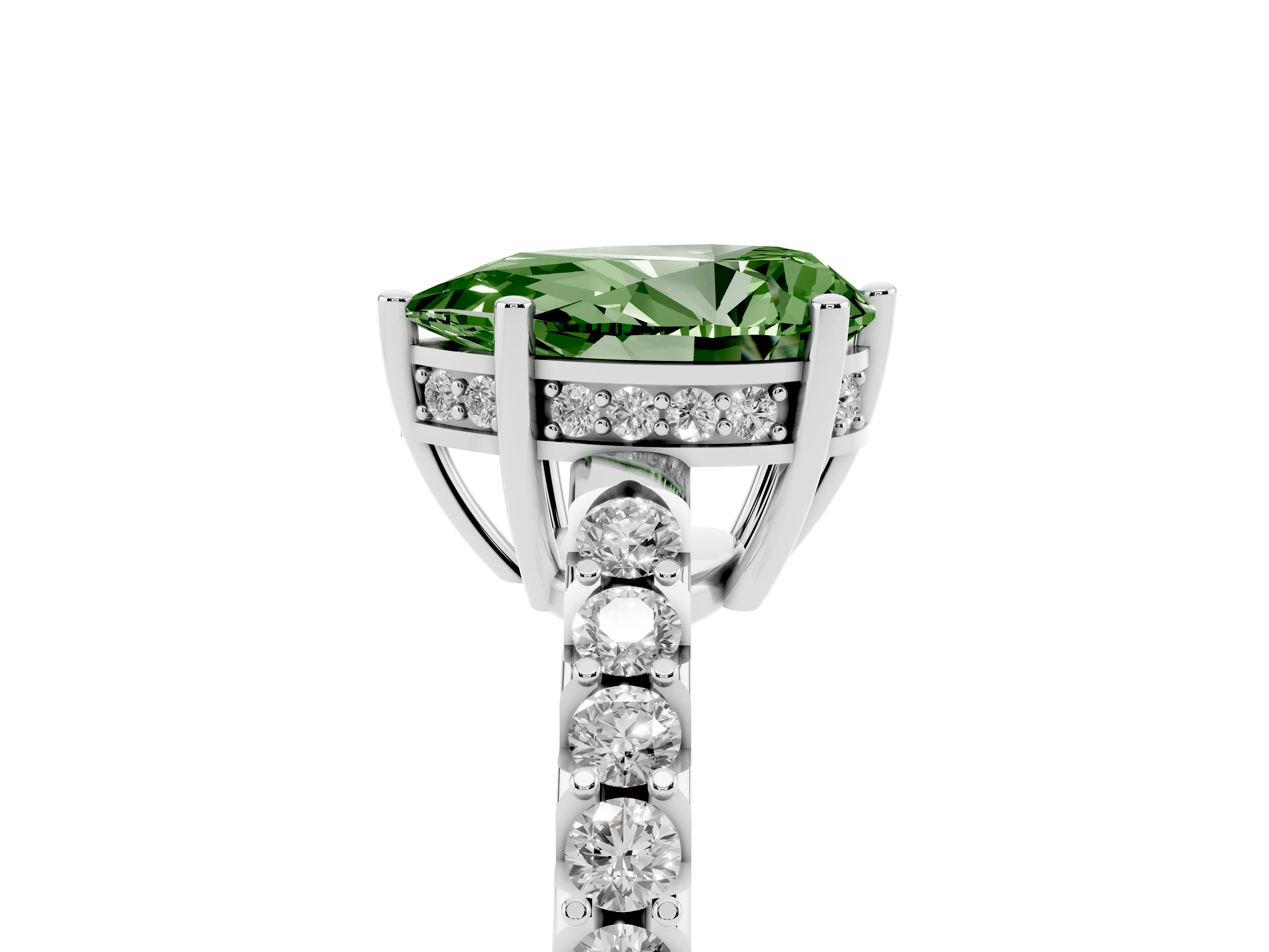 Fancy Green Pear Cut Diamond Solitaire Engagement Ring Set in Platinum with Pavé Band and Prong Setting