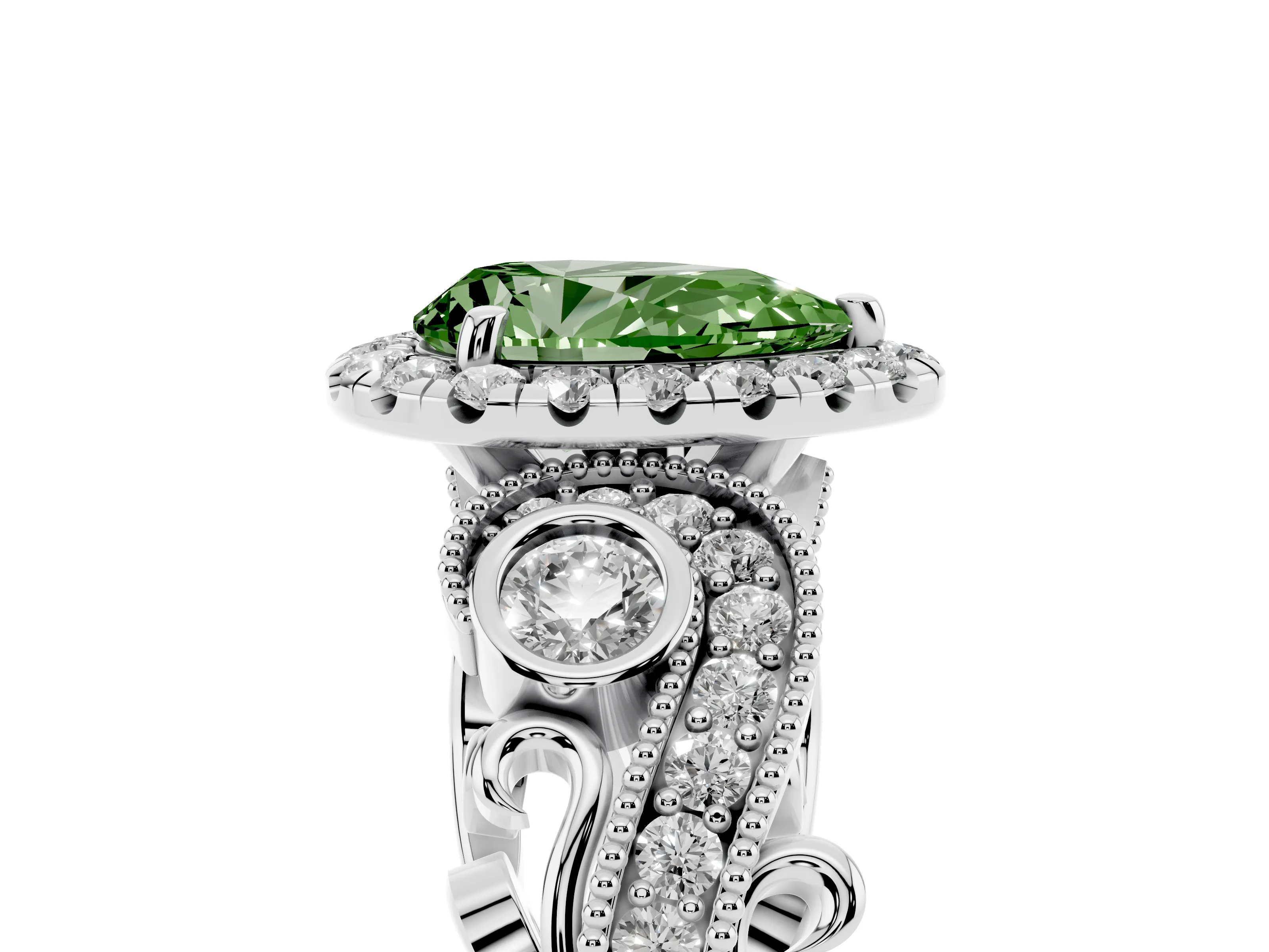 Fancy Green Pear Cut Diamond Halo Ring Set in Silver with Milgrain Pavé Band and Prong Setting