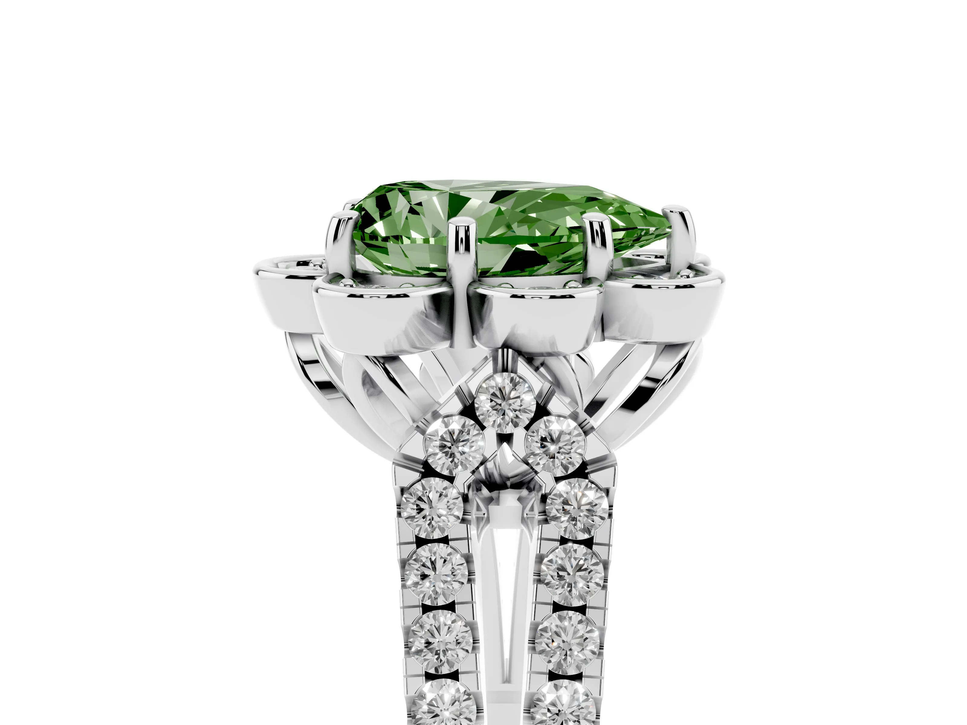 Fancy Green Pear Cut Diamond Floral Halo Split Shank Engagement Ring Set in Platinum with Pavé Shank