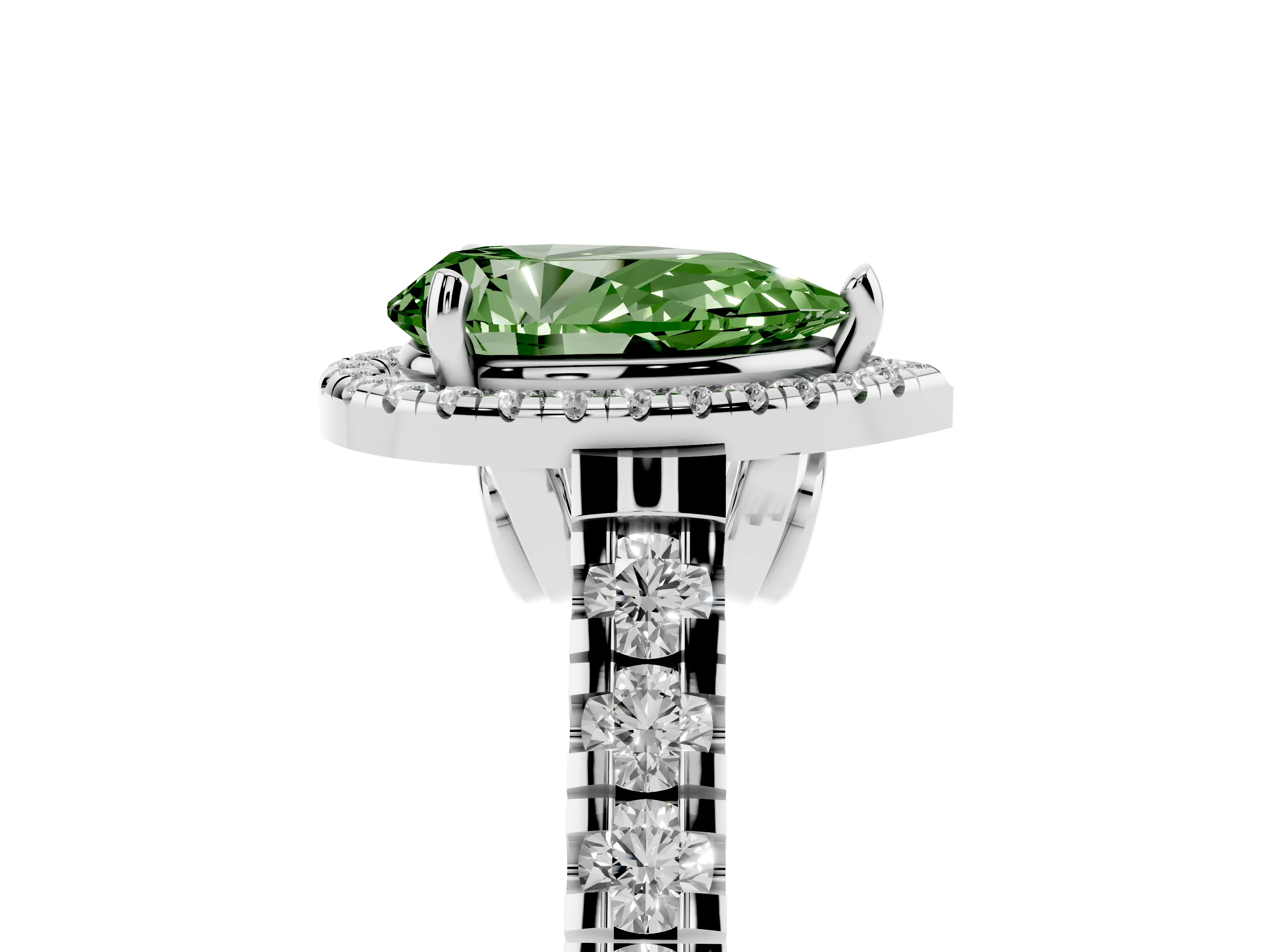 Fancy Green Pear Cut Diamond Halo Engagement Ring Set in Silver with Pavé Band and Prong-Set Center