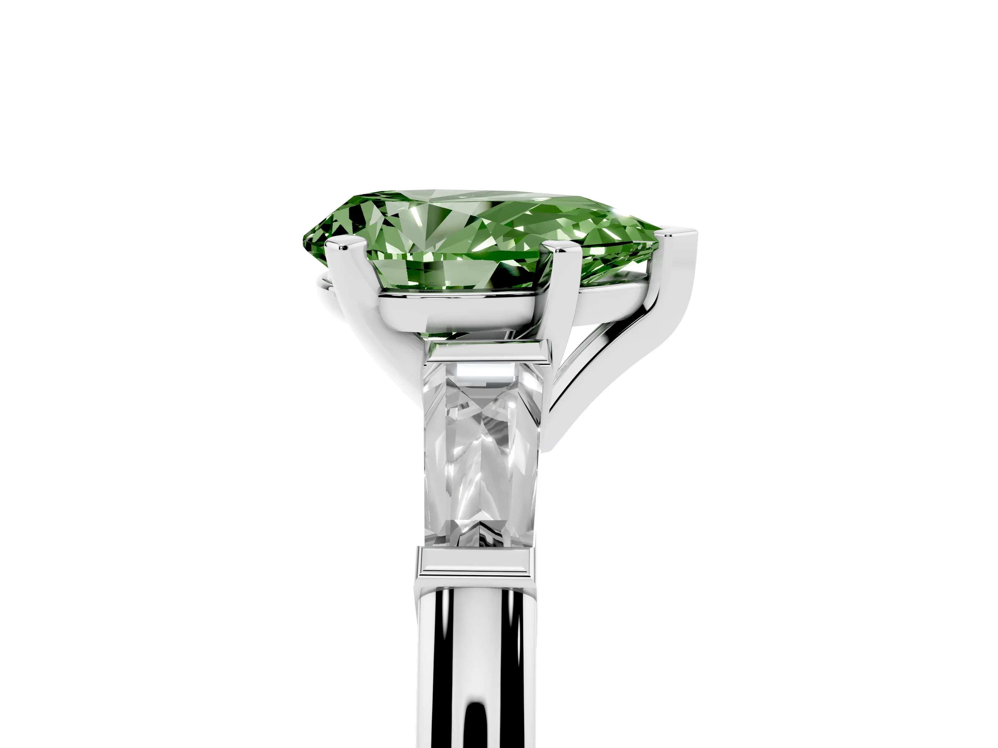 Fancy Green Pear Cut Diamond Solitaire Ring Set in Platinum with Tapered Baguette Side Stones and Prong Setting