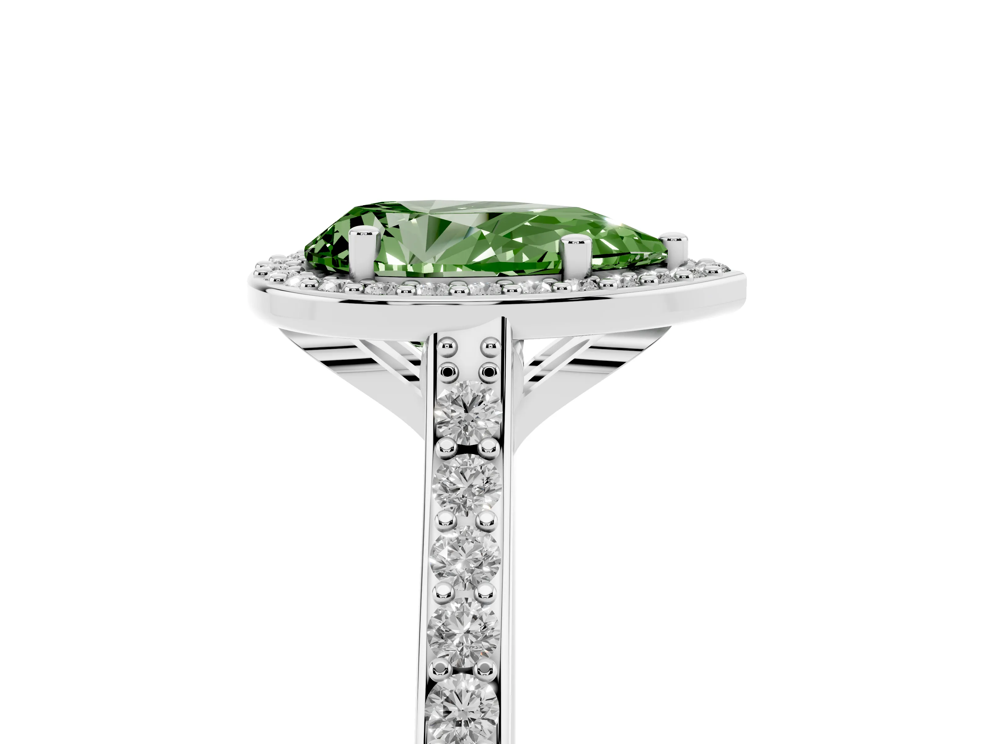 Fancy Green Pear Cut Diamond Halo Engagement Ring Set in Platinum with Round Pavé Shoulders and Heart Gallery