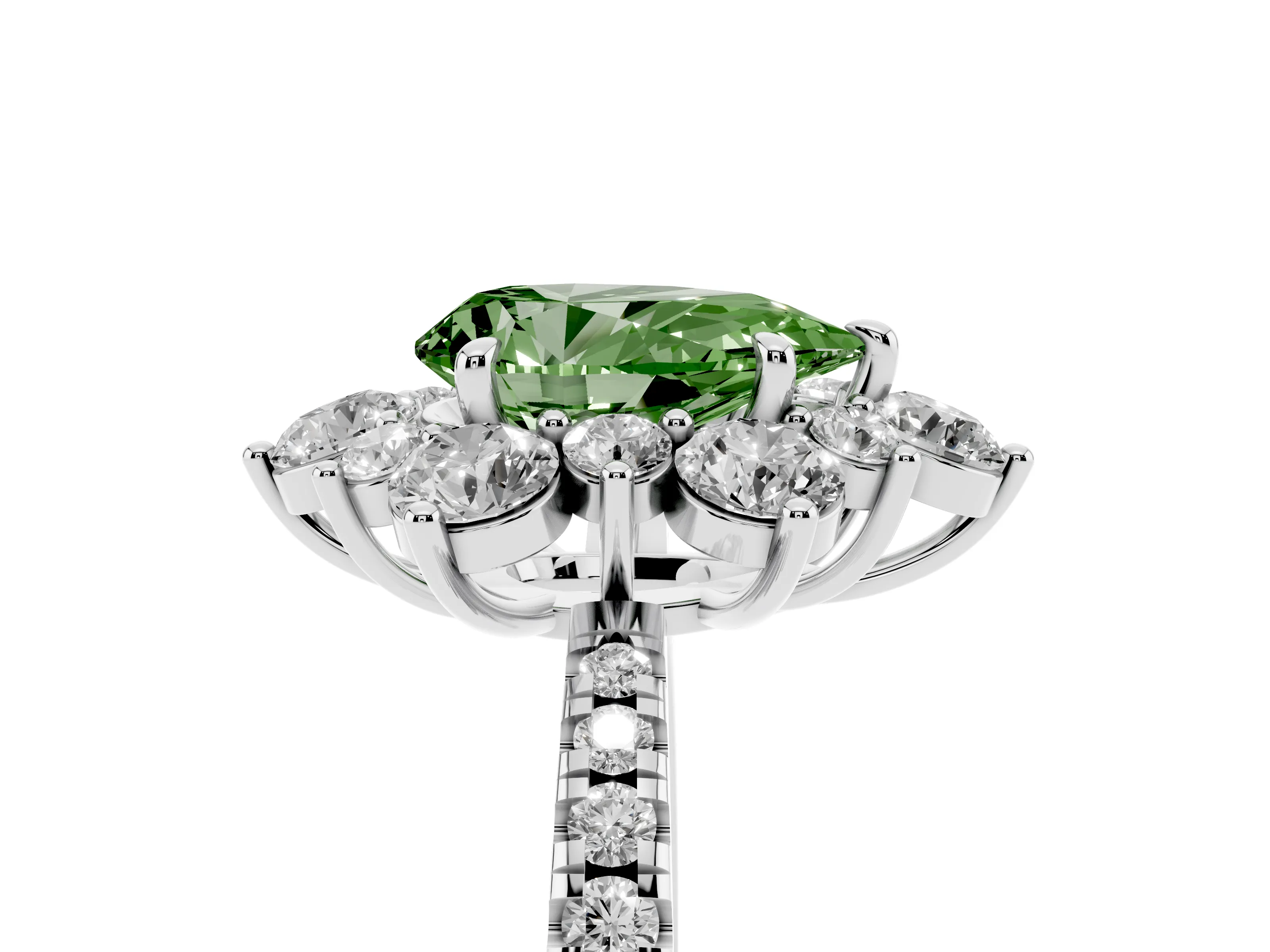 Fancy Green Pear Cut Diamond Floral Halo Ring Set in White gold with Round Pavé Band and Prong Setting
