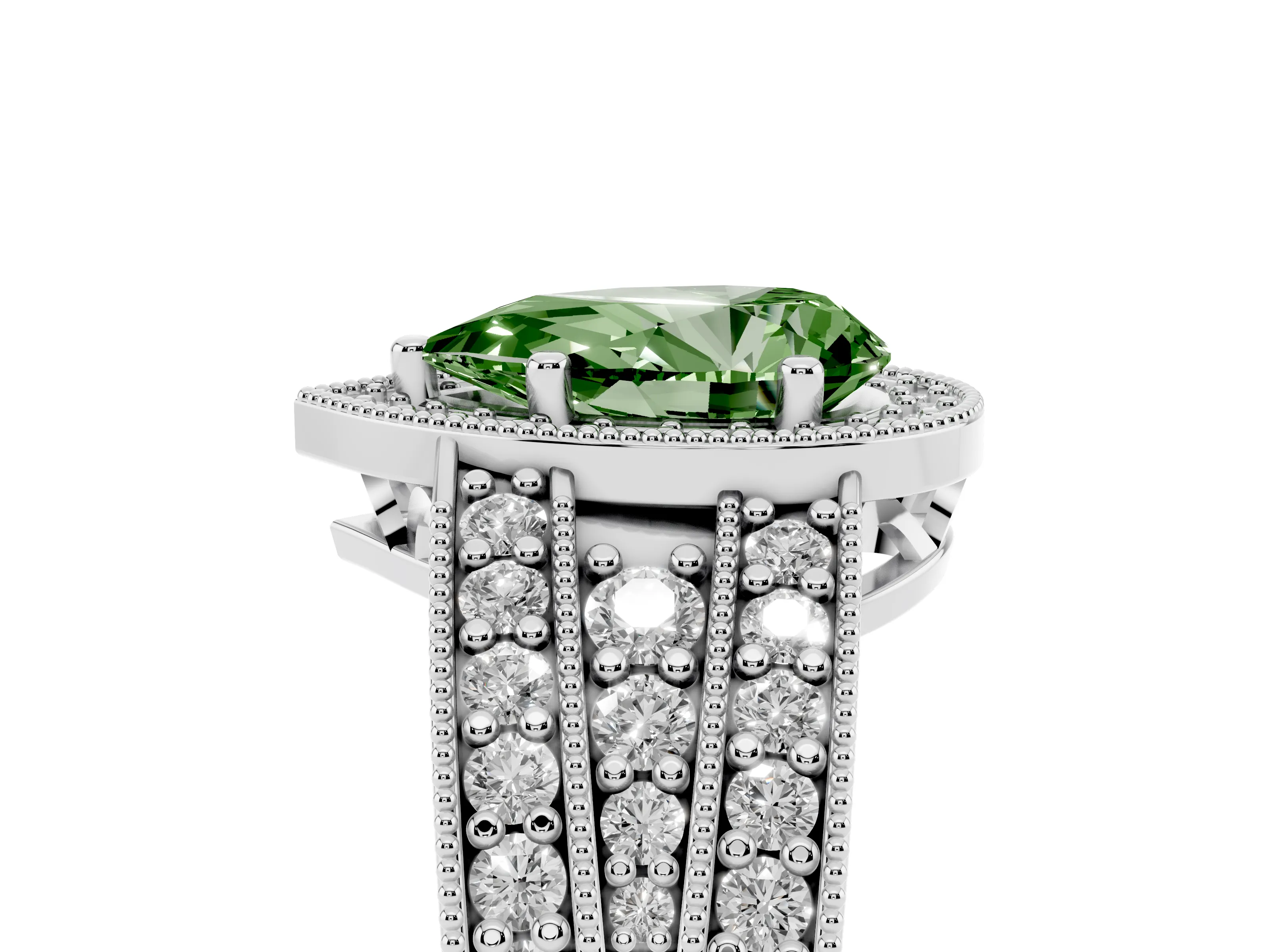 Fancy Green Pear Cut Diamond Halo Ring Set in Silver with Accent Split Shank and Prong Setting