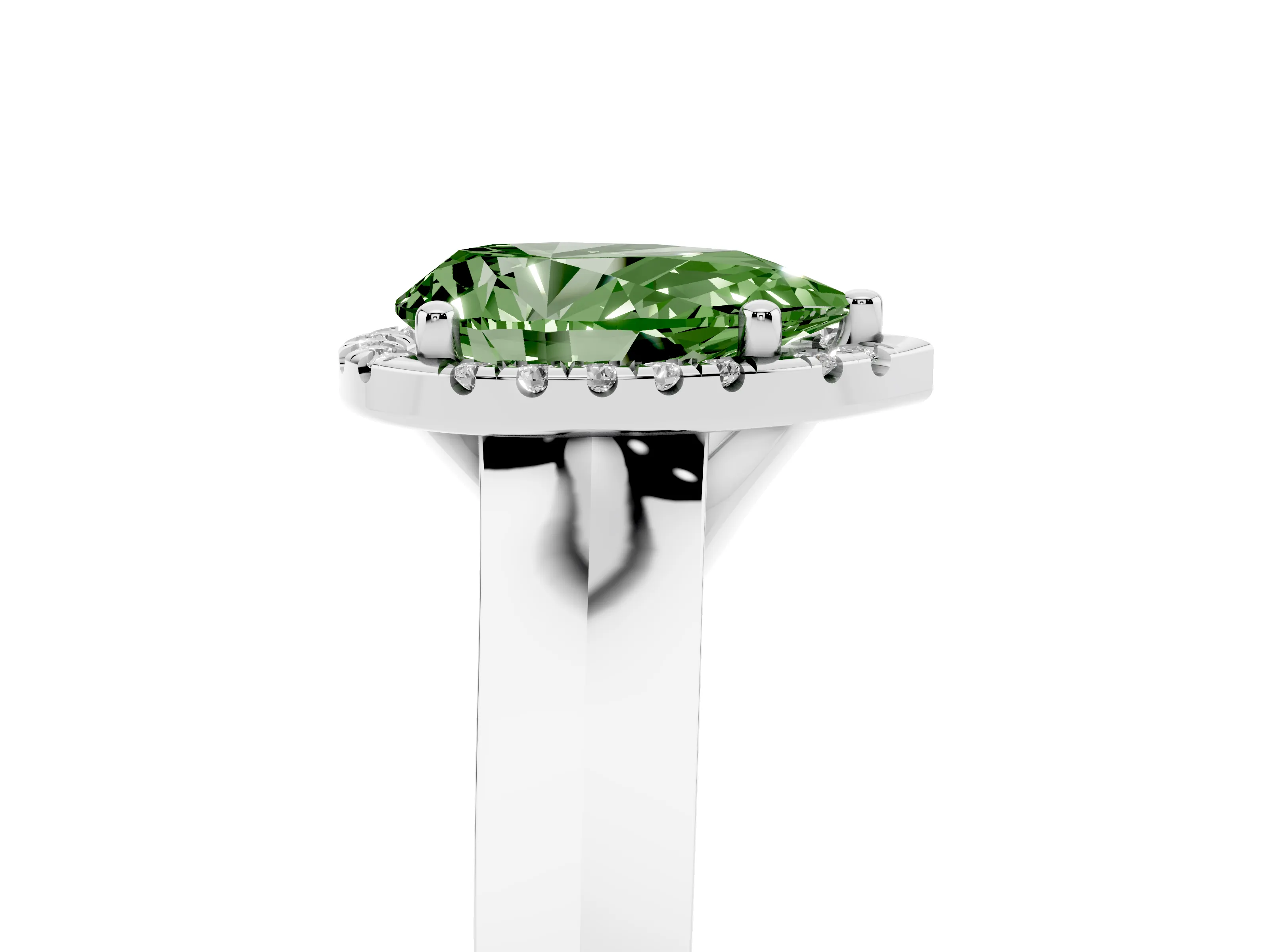 Fancy Green Pear Cut Diamond Halo Ring Set in Platinum with Cathedral Band and Prong Setting