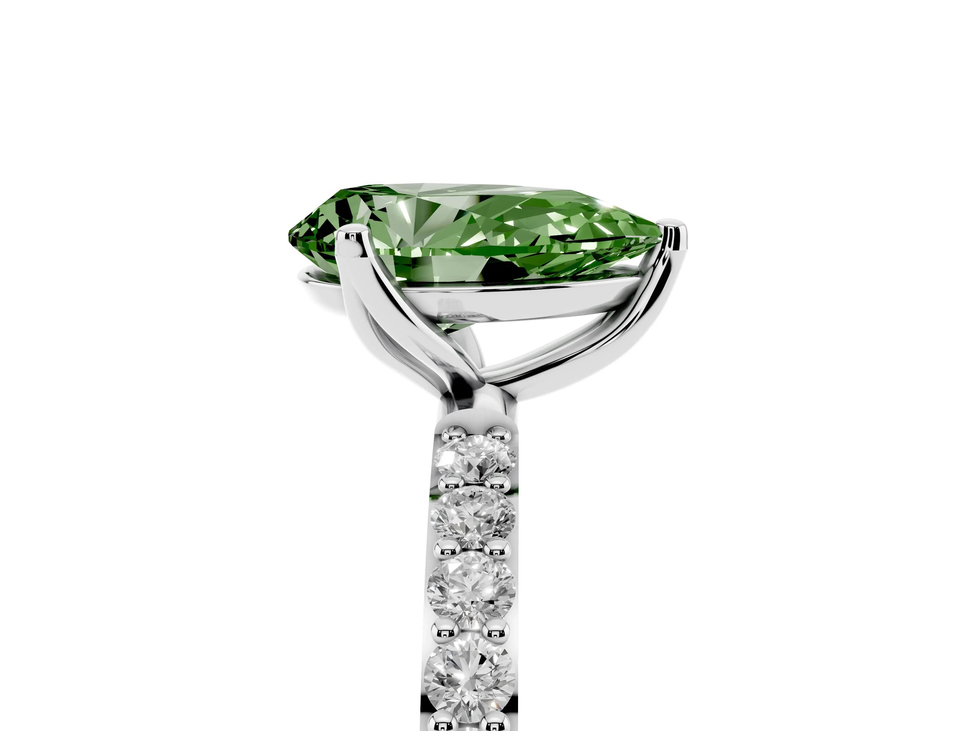 Fancy Green Pear Cut Diamond Solitaire Engagement Ring Set in Platinum with Round Pavé Band and Prong Setting