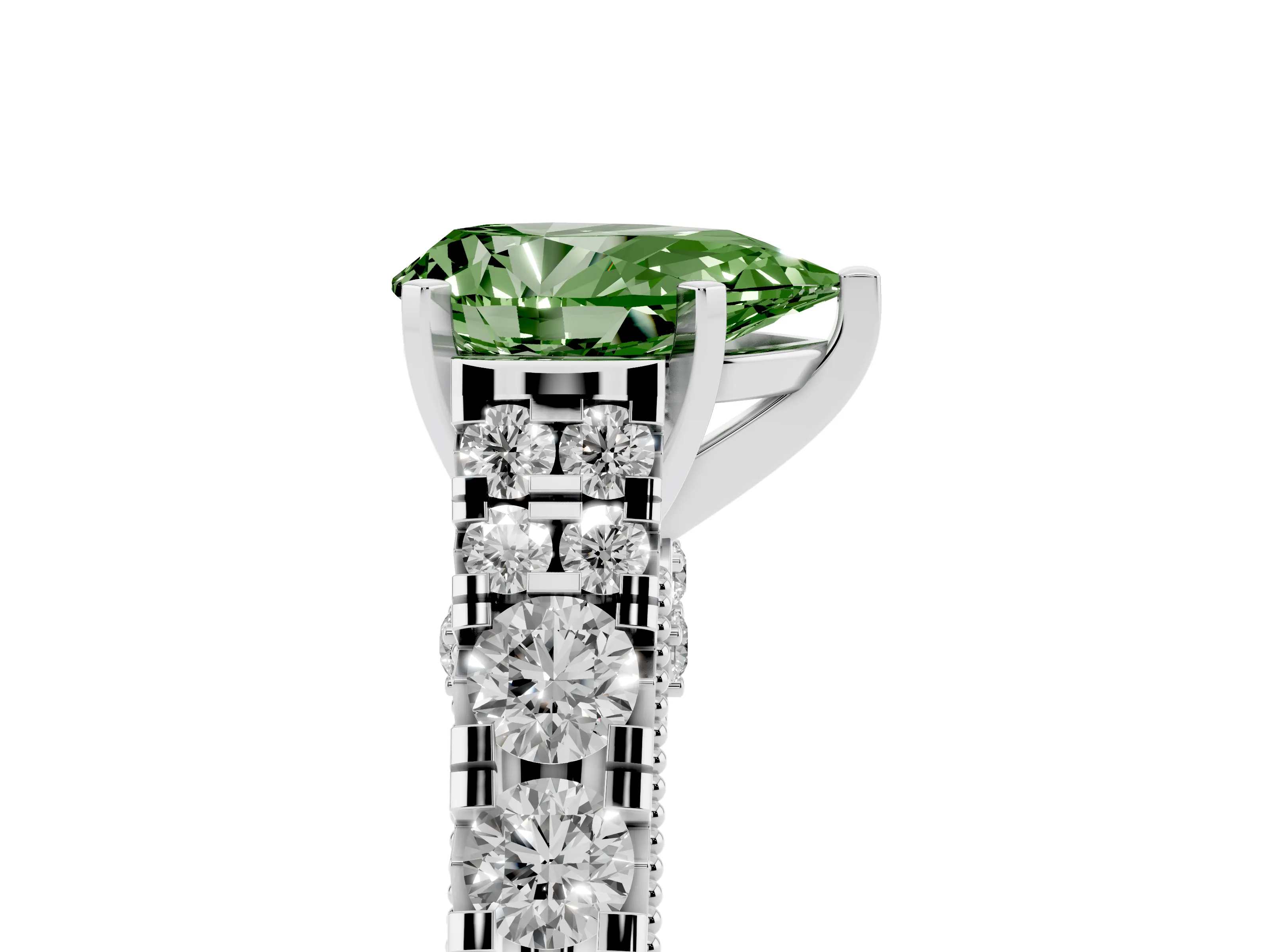 Fancy Green Pear Cut Diamond Classic Solitaire Ring Set in Platinum with Pavé Band and Prong Setting