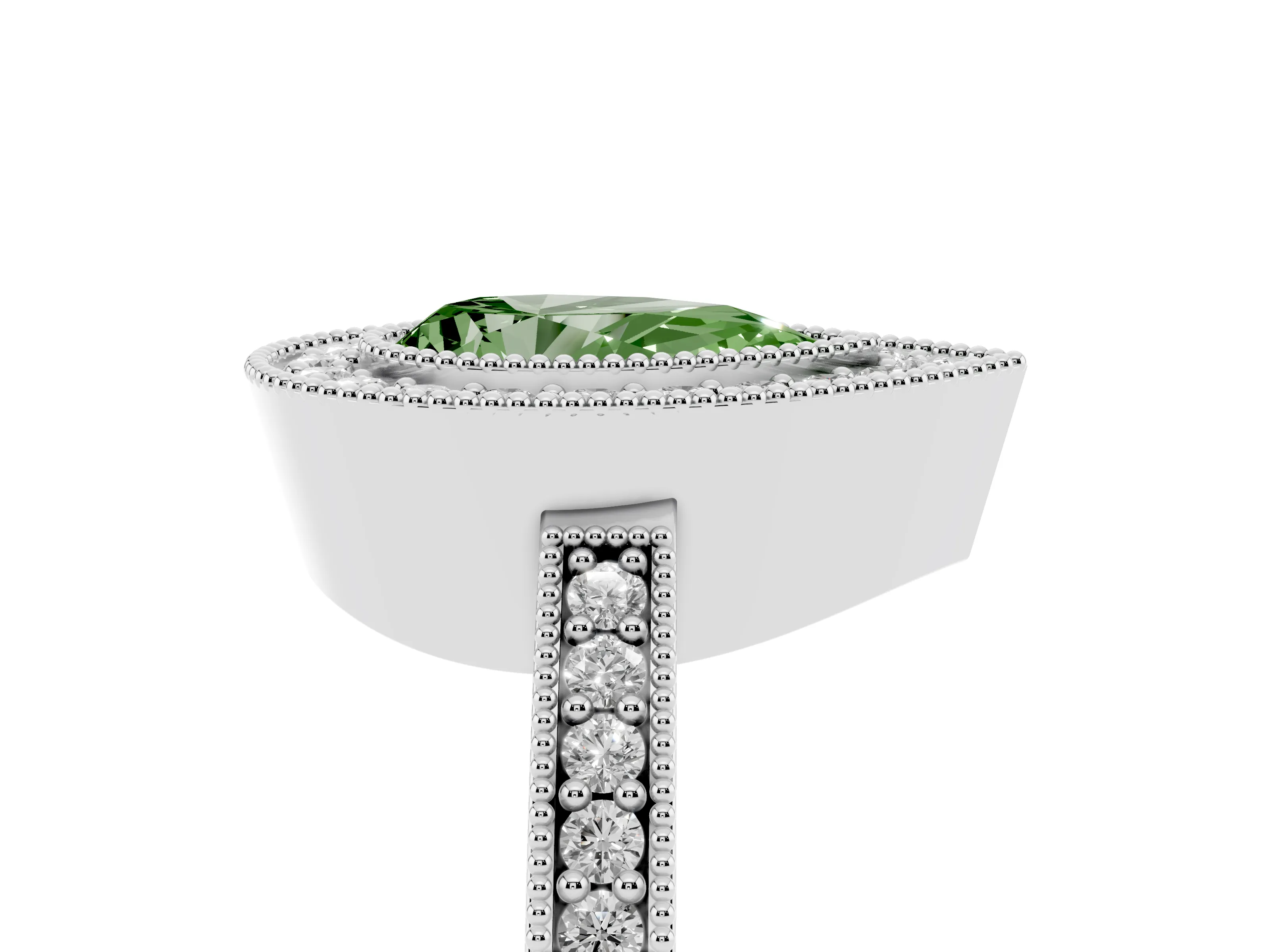 Fancy Green Pear Cut Diamond Halo Engagement Ring Set in White gold with Pavé Band and Round Halo Stones