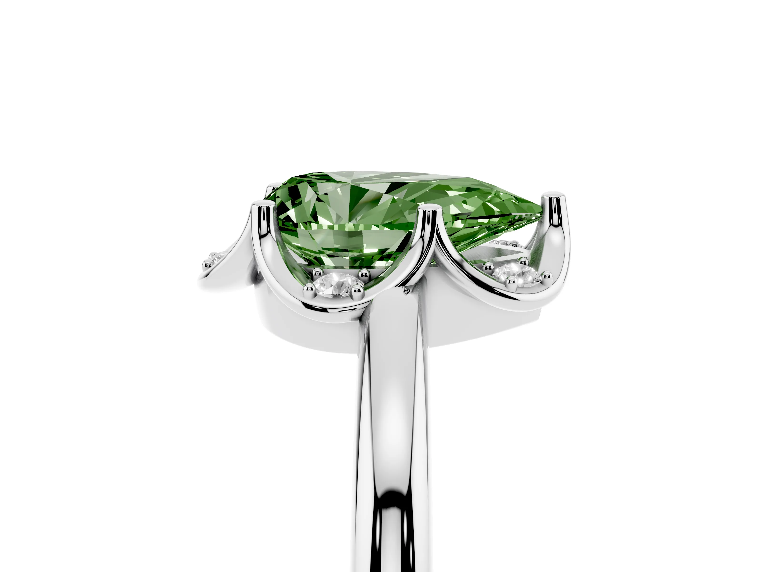 Fancy Green Pear Cut Diamond Round Cluster Halo Ring Set in Silver with Solitaire Band and Prong Setting