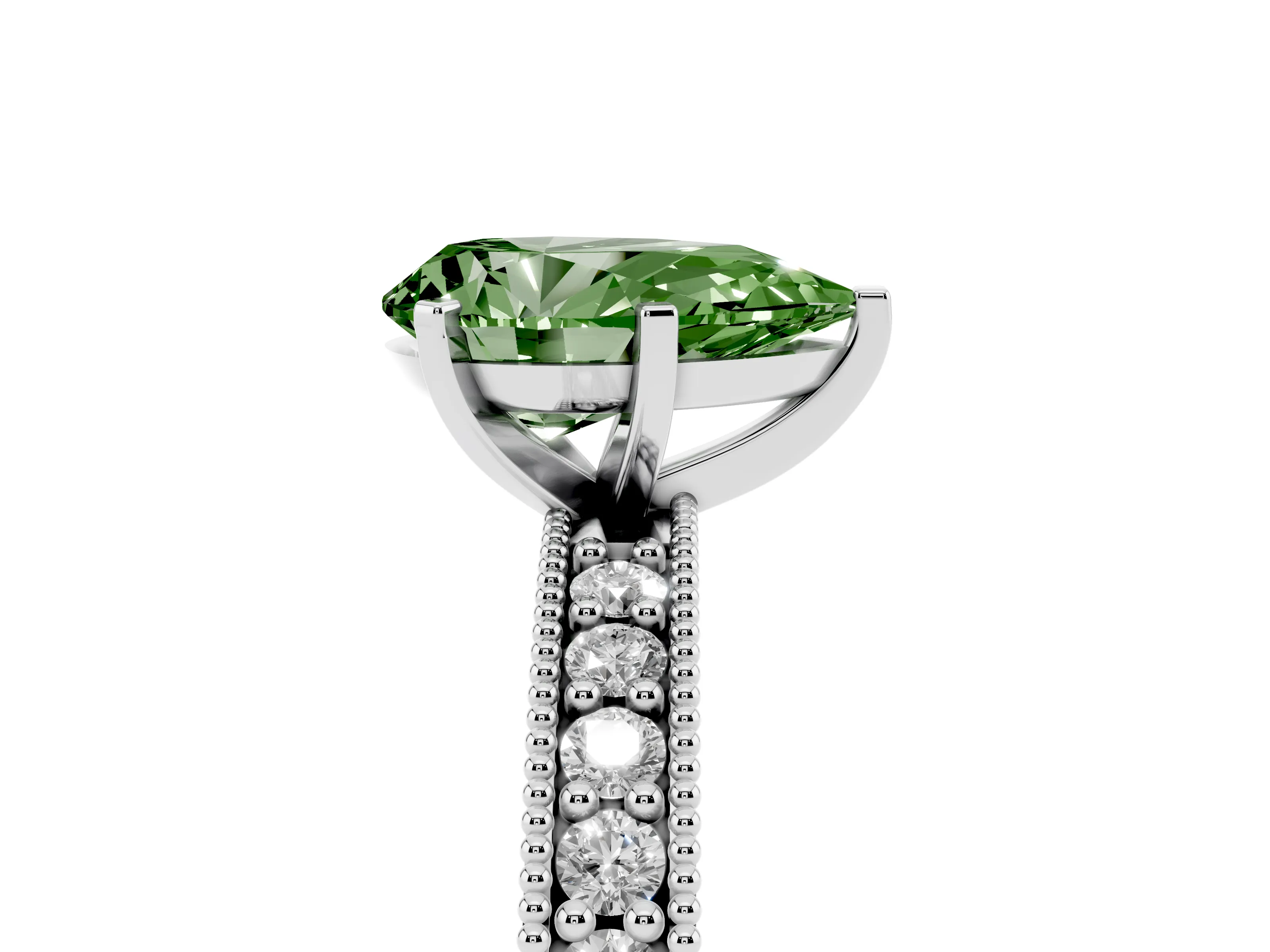 Fancy Green Pear Cut Diamond Milgrain Pavé Engagement Ring Set in Platinum with Prong Setting