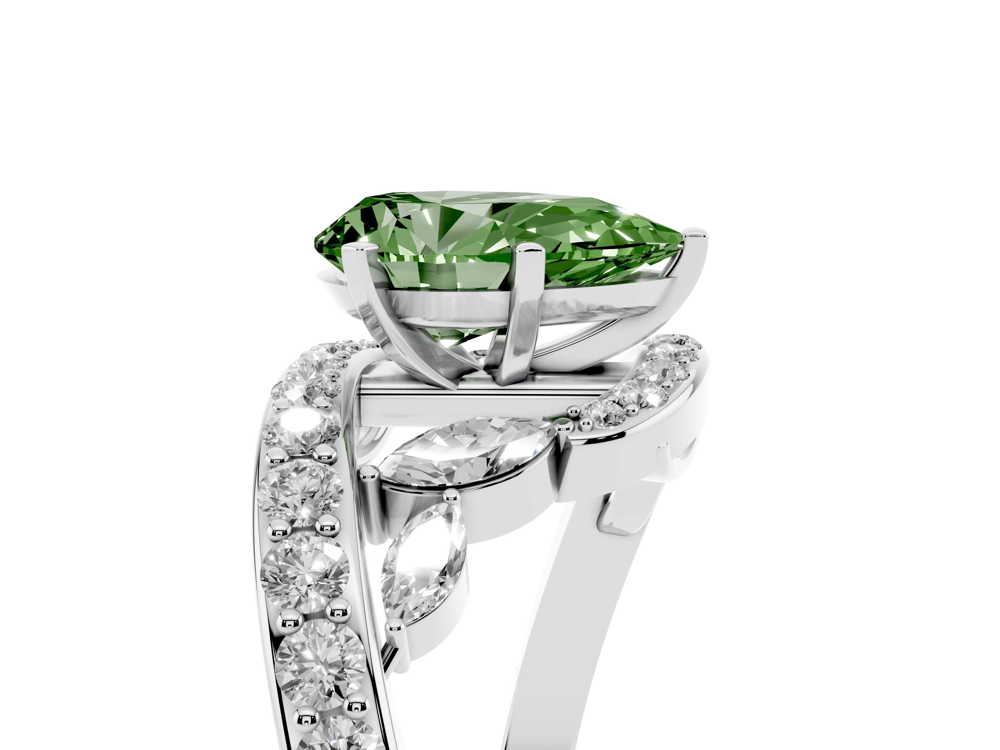 Fancy Green Pear Cut Diamond Solitaire Ring Set in White gold with Pavé Twist Band and Secure Prong Setting