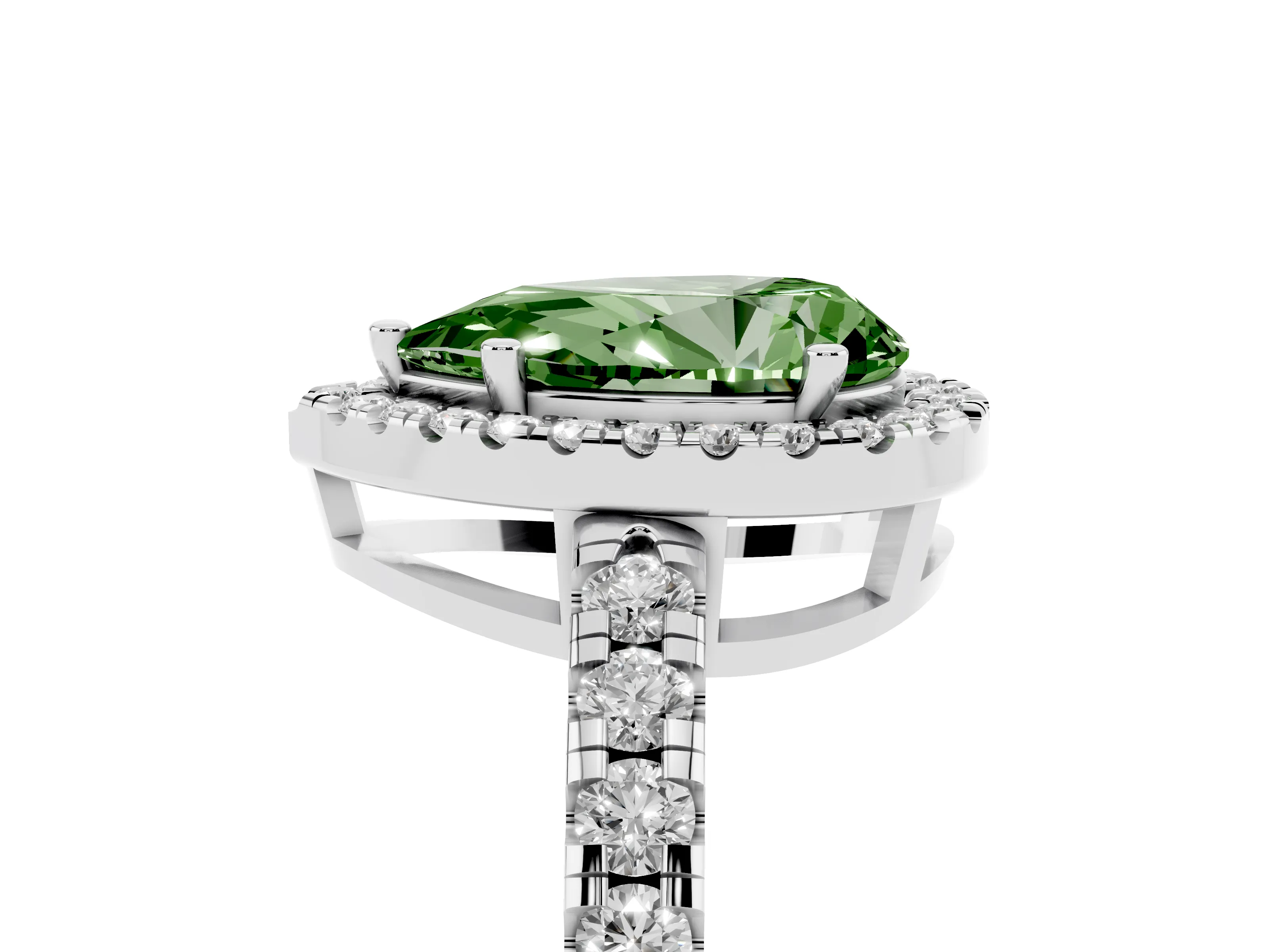Fancy Green Pear Cut Diamond Halo Ring Set in Platinum with Delicate Pavé Band and Prong Setting