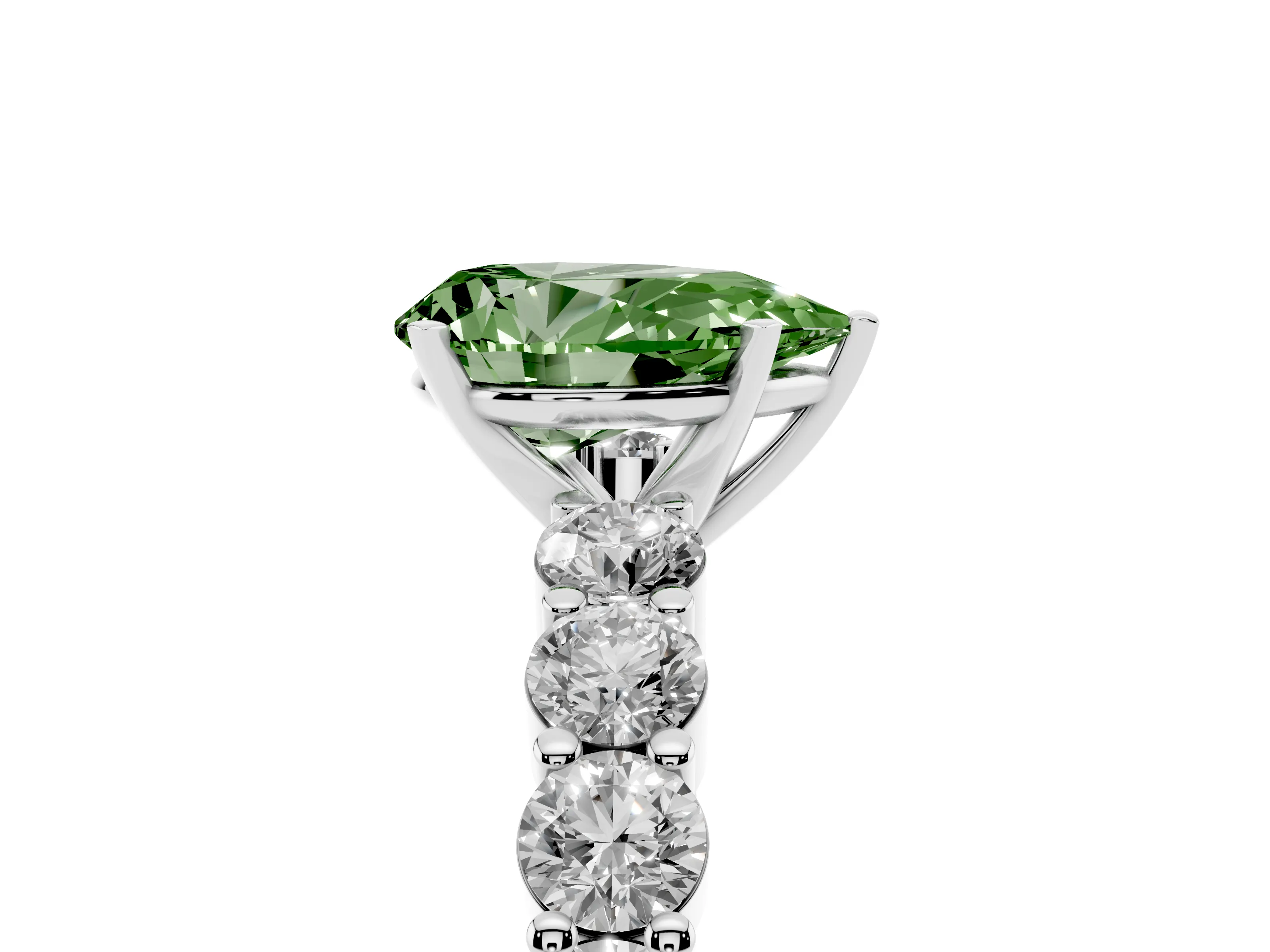 Fancy Green Pear Cut Diamond Solitaire Ring Set in White gold with Shared Prong Round Side Stones