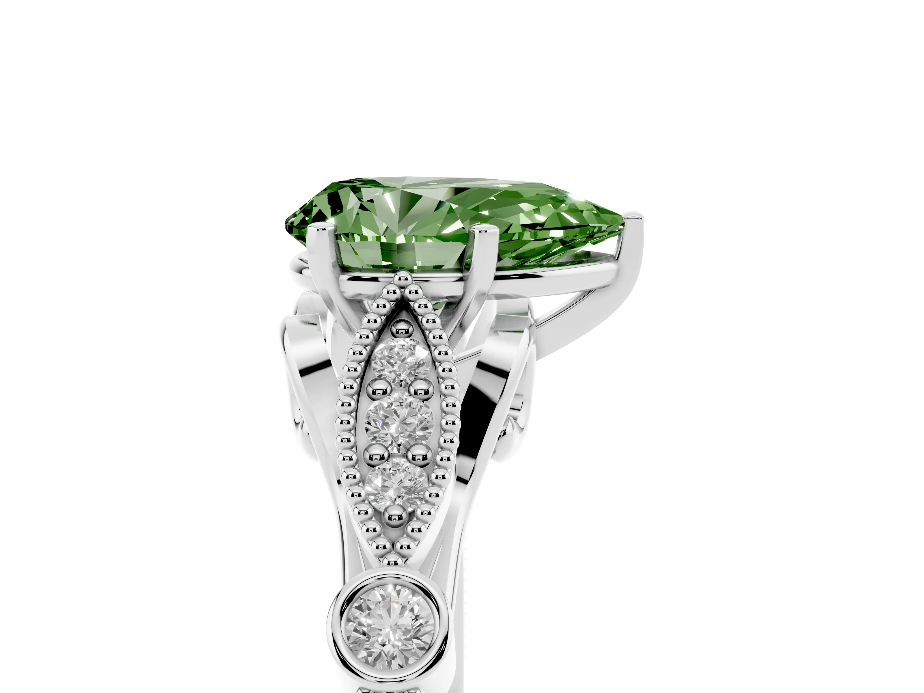 Fancy Green Pear Cut Diamond Solitaire Ring Set in White gold with Milgrain Marquise and Bezel Accents