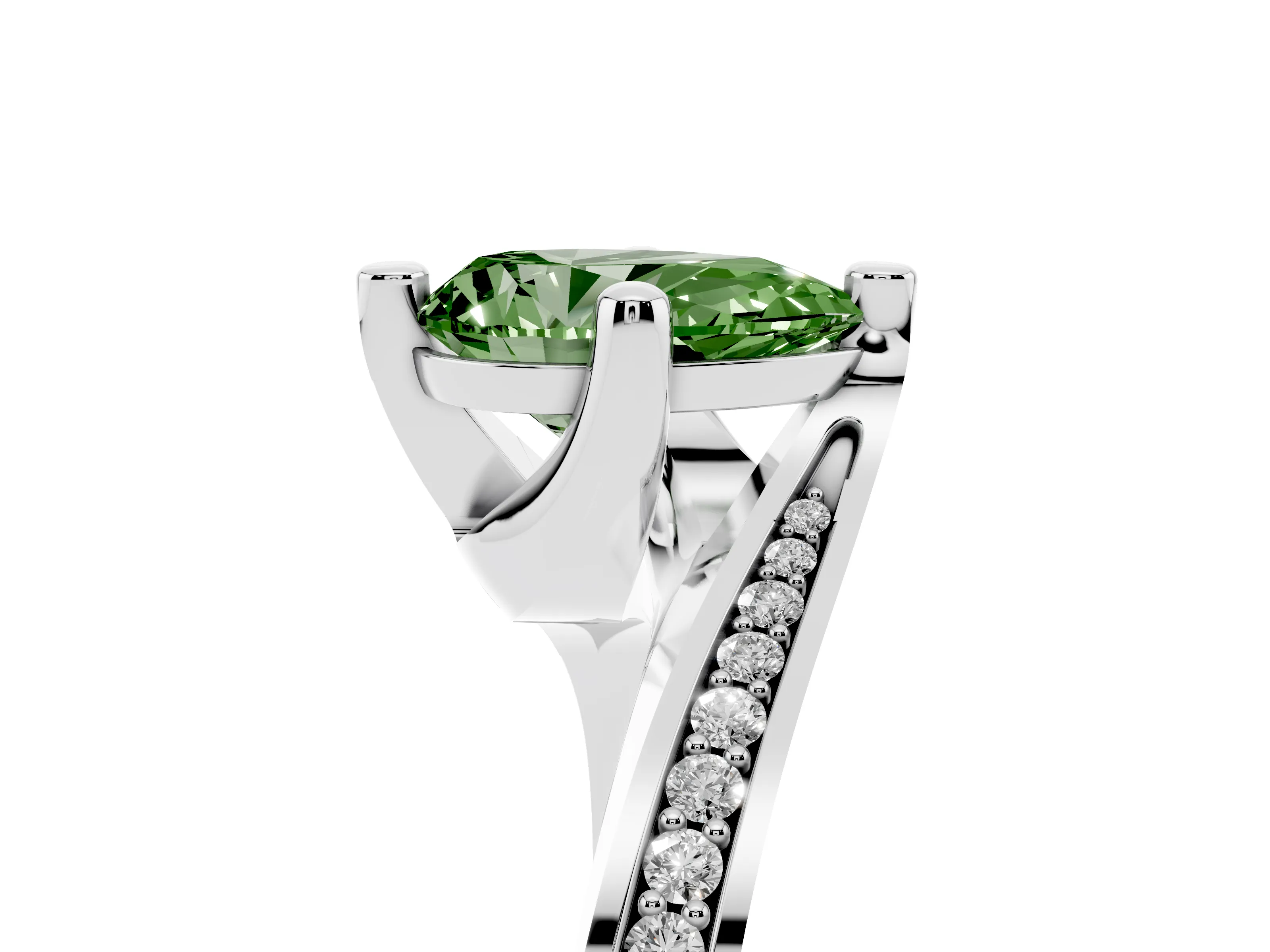 Fancy Green Pear Cut Diamond Solitaire Ring Set in Silver with Intertwined Pavé Twist Band