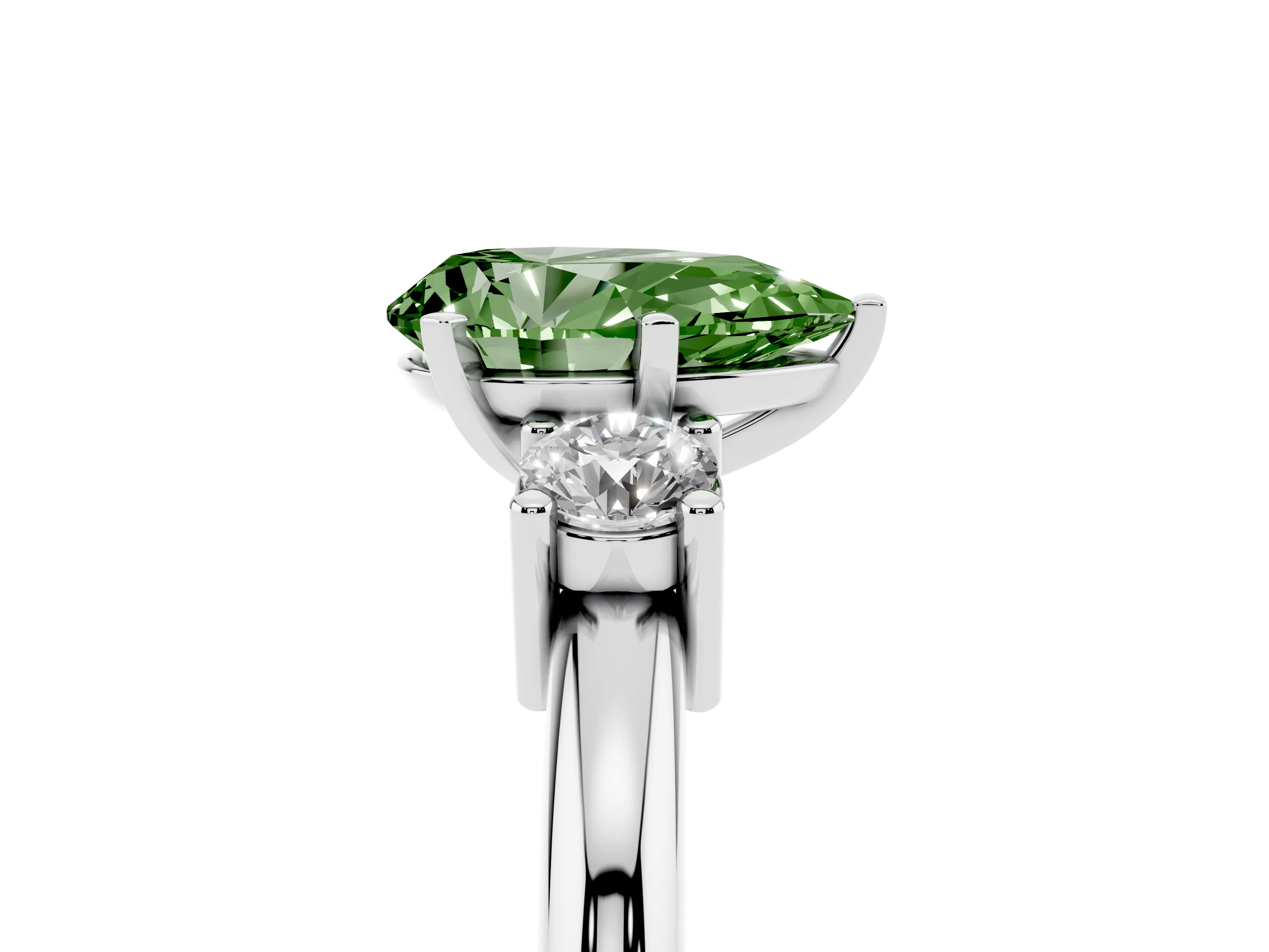 Fancy Green Three-Stone Pear Cut Diamond Ring Set in Platinum with Prong Setting and Plain Band