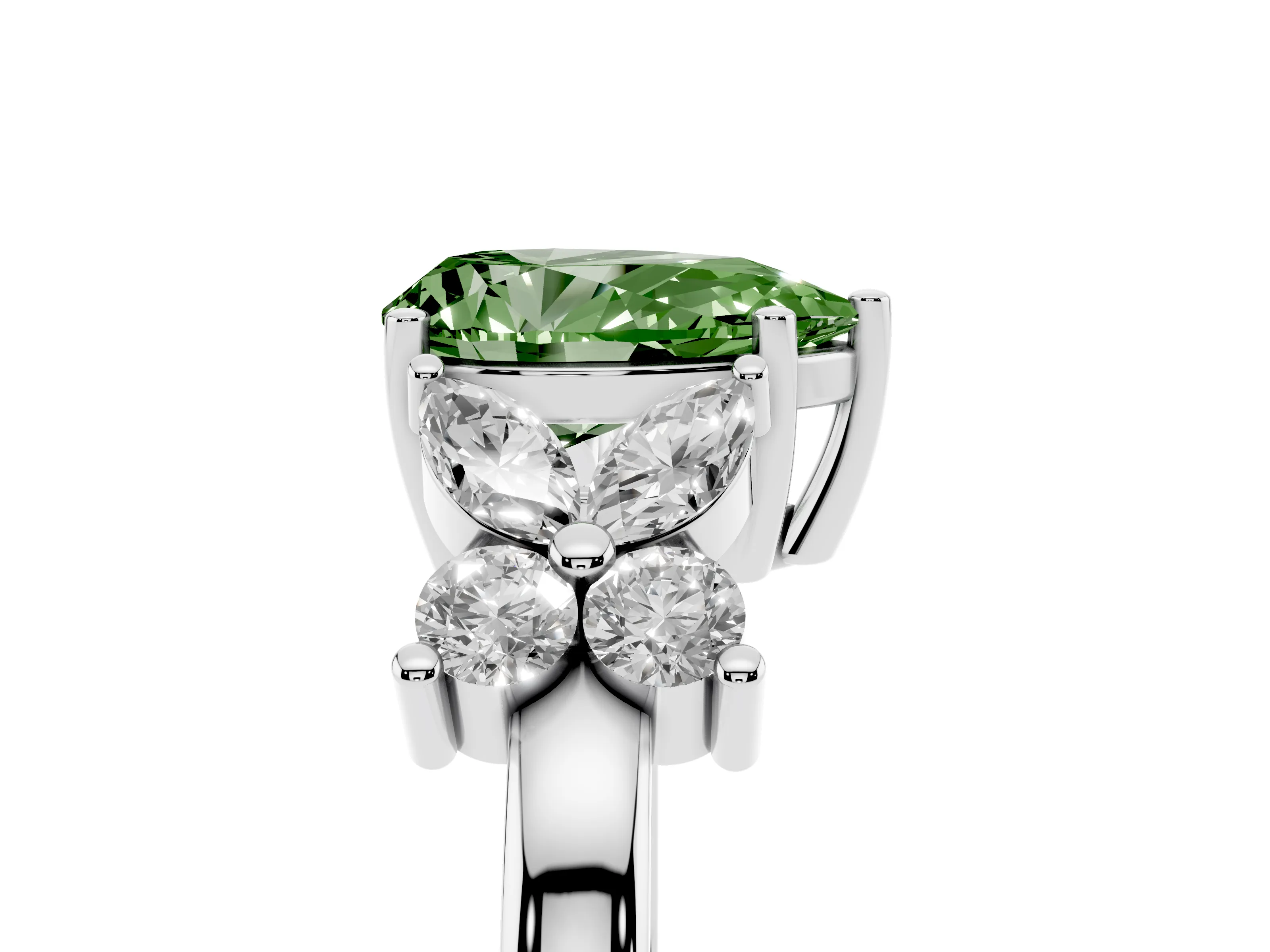 Fancy Green Pear Cut Diamond Floral Cluster Ring Set in Silver with Marquise Petals and Prong Setting