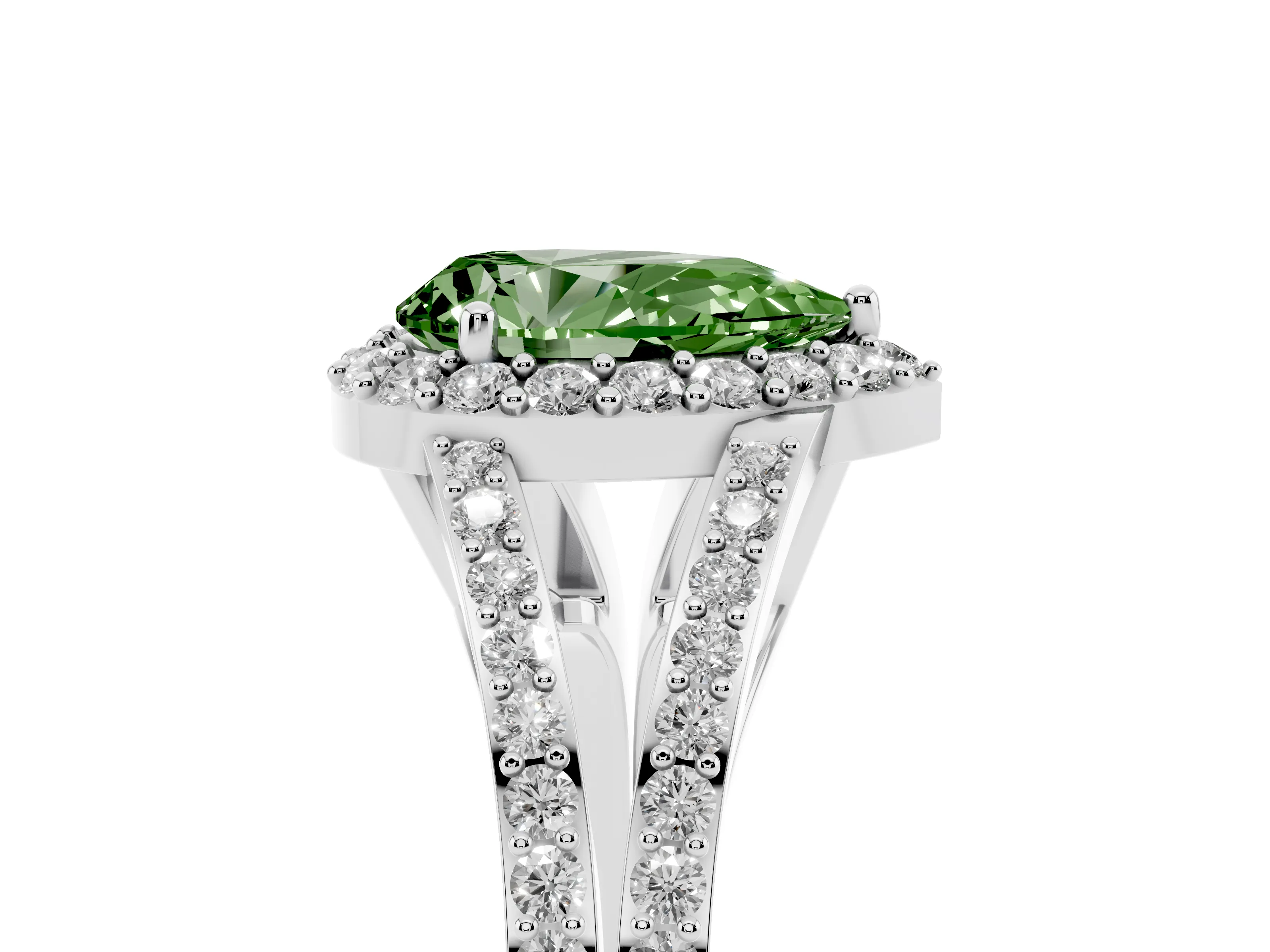 Fancy Green Pear Cut Diamond Halo Split Shank Pavé Ring Set in Silver with Prong Setting