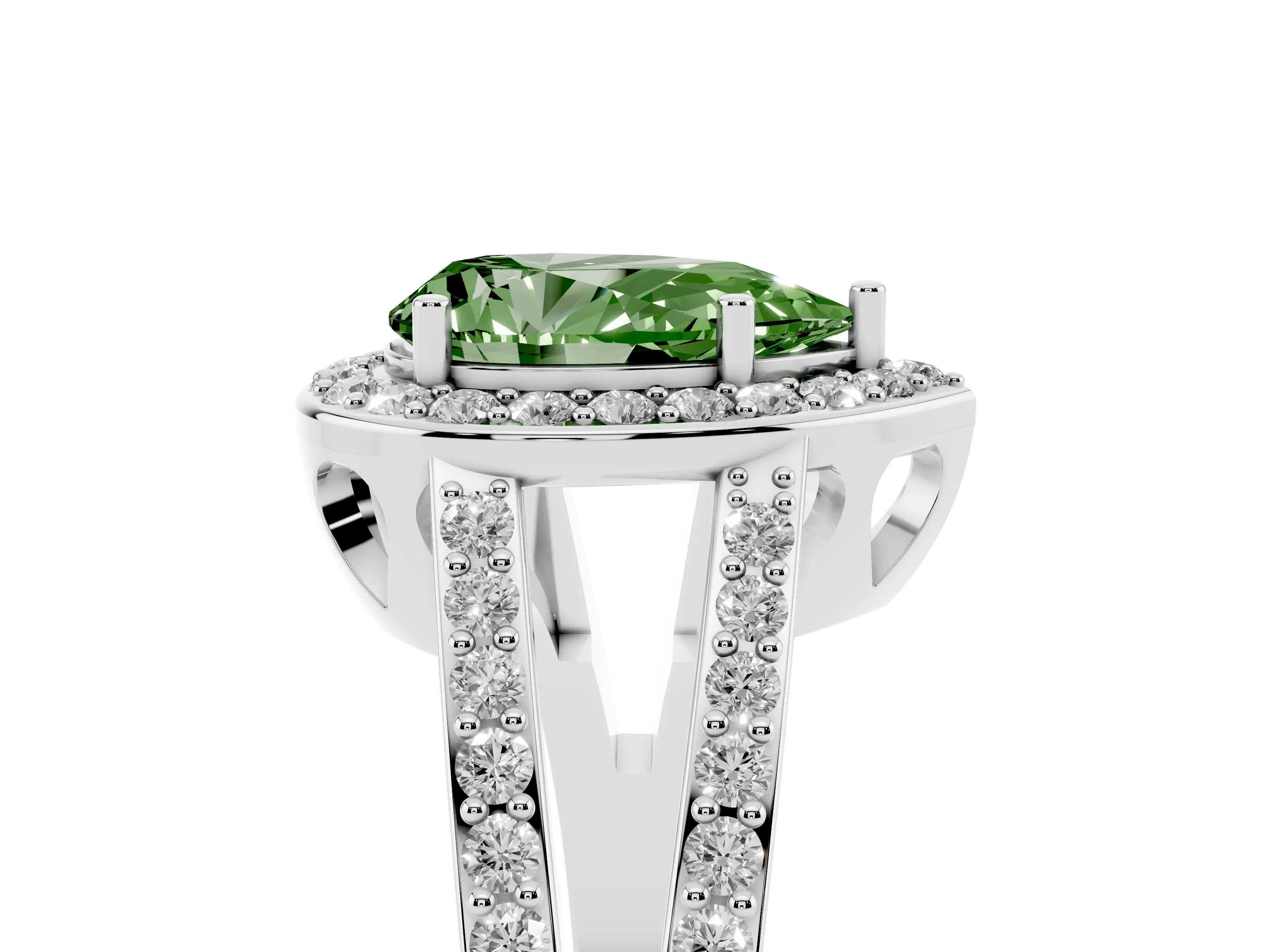 Fancy Green Pear Cut Diamond Halo Ring Set in Platinum with U-Prong Split Shank and Prong Setting