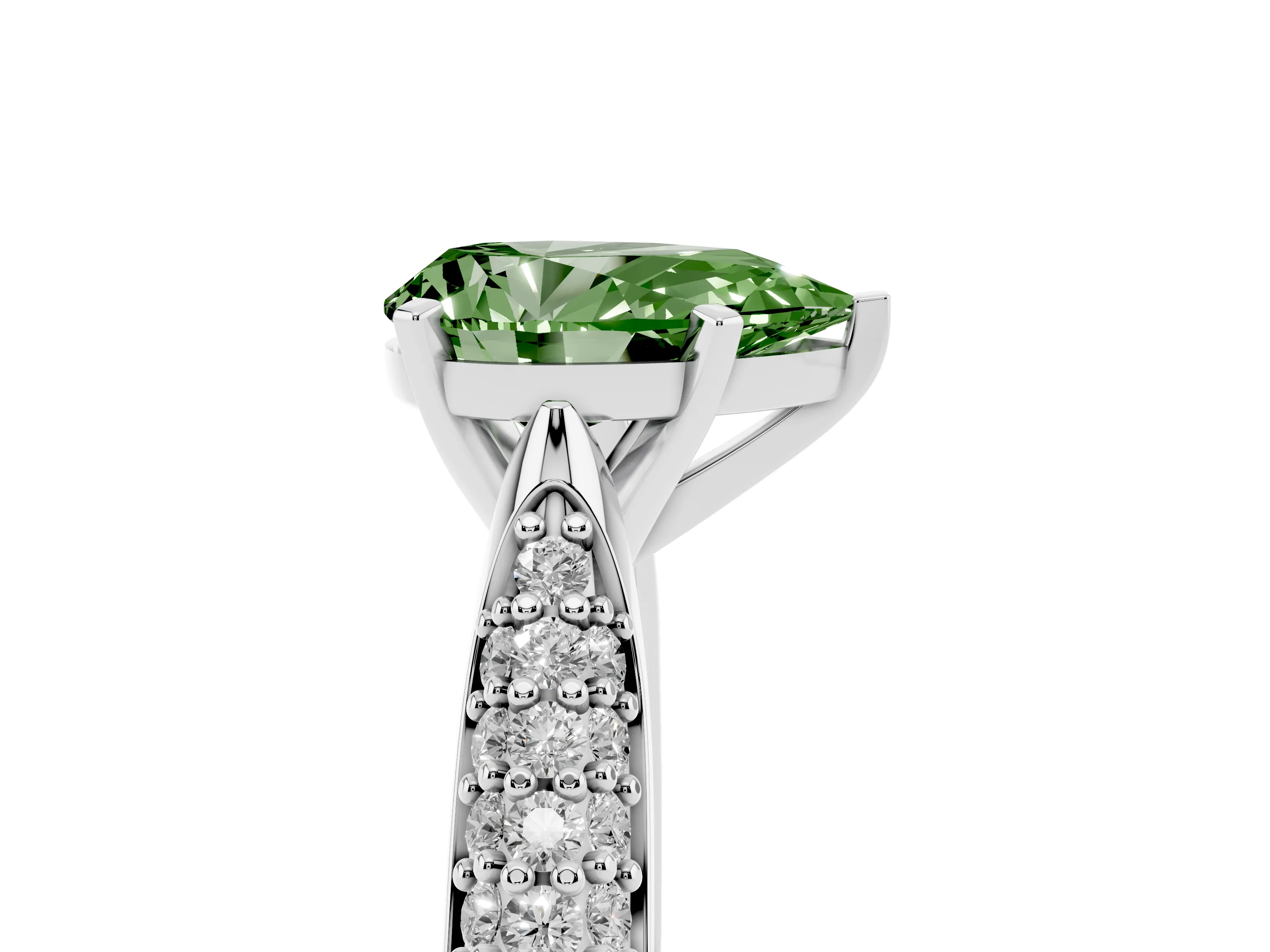 Fancy Green Pear Cut Diamond Solitaire Engagement Ring Set in White gold with Multi-Row Round Pavé Band and Prong Setting