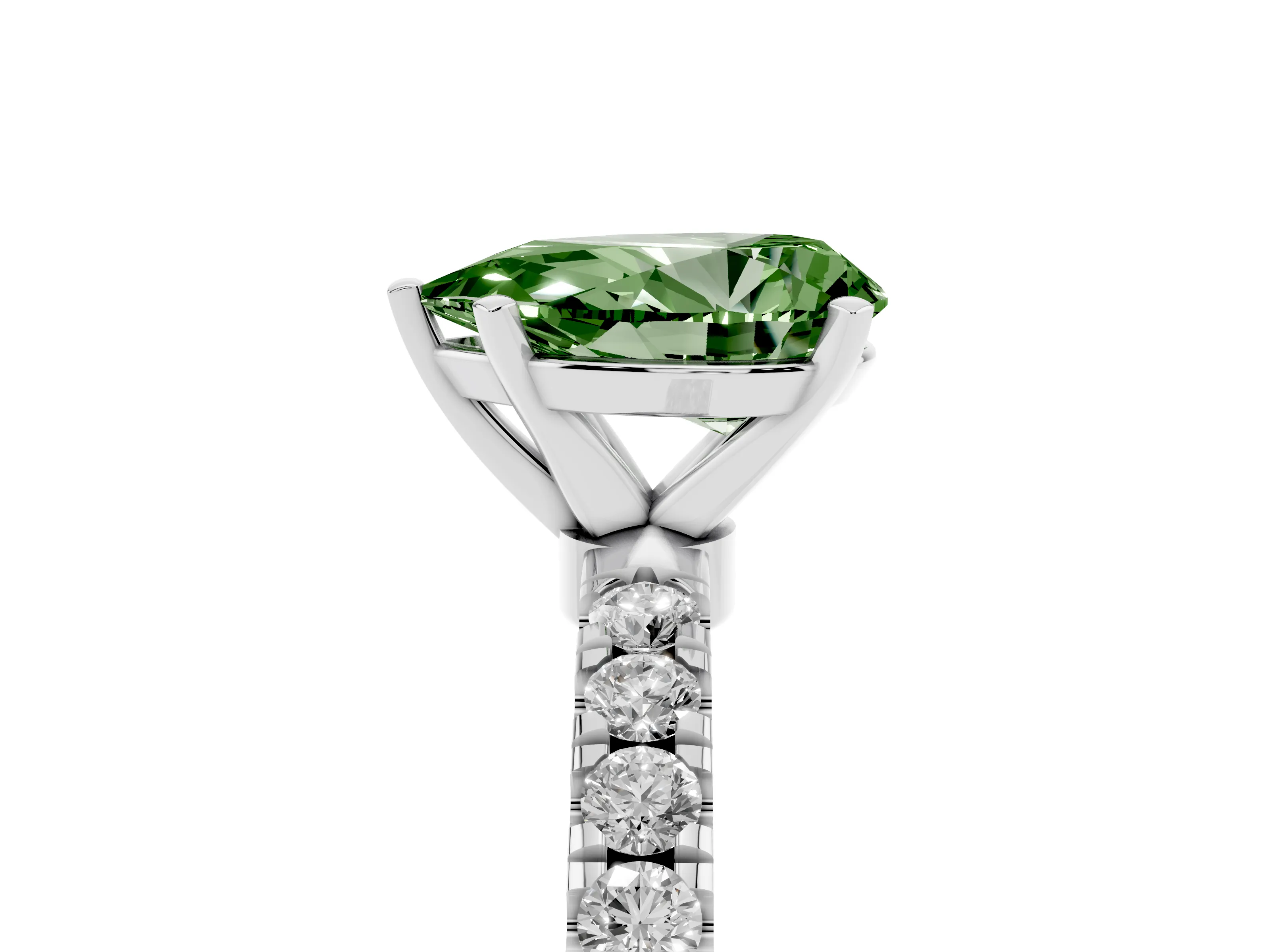 Fancy Green Pear Cut Diamond Solitaire Ring Set in Platinum with Pavé Accents and Prong Setting