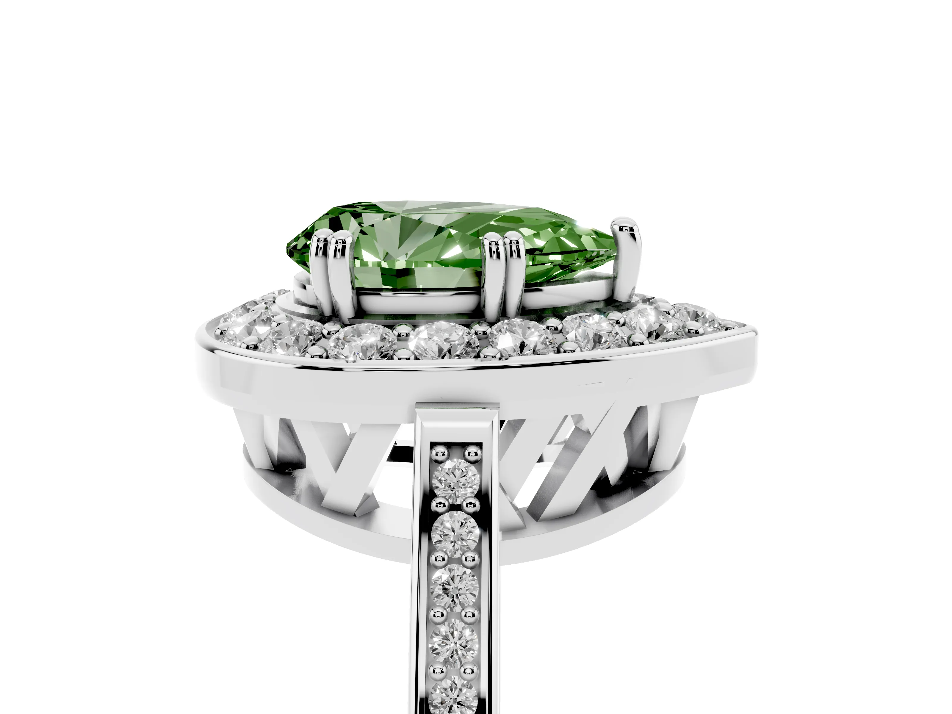 Fancy Green Pear Cut Diamond Halo Ring Set in Silver with Accent-Lined Split Shank and Prong Setting