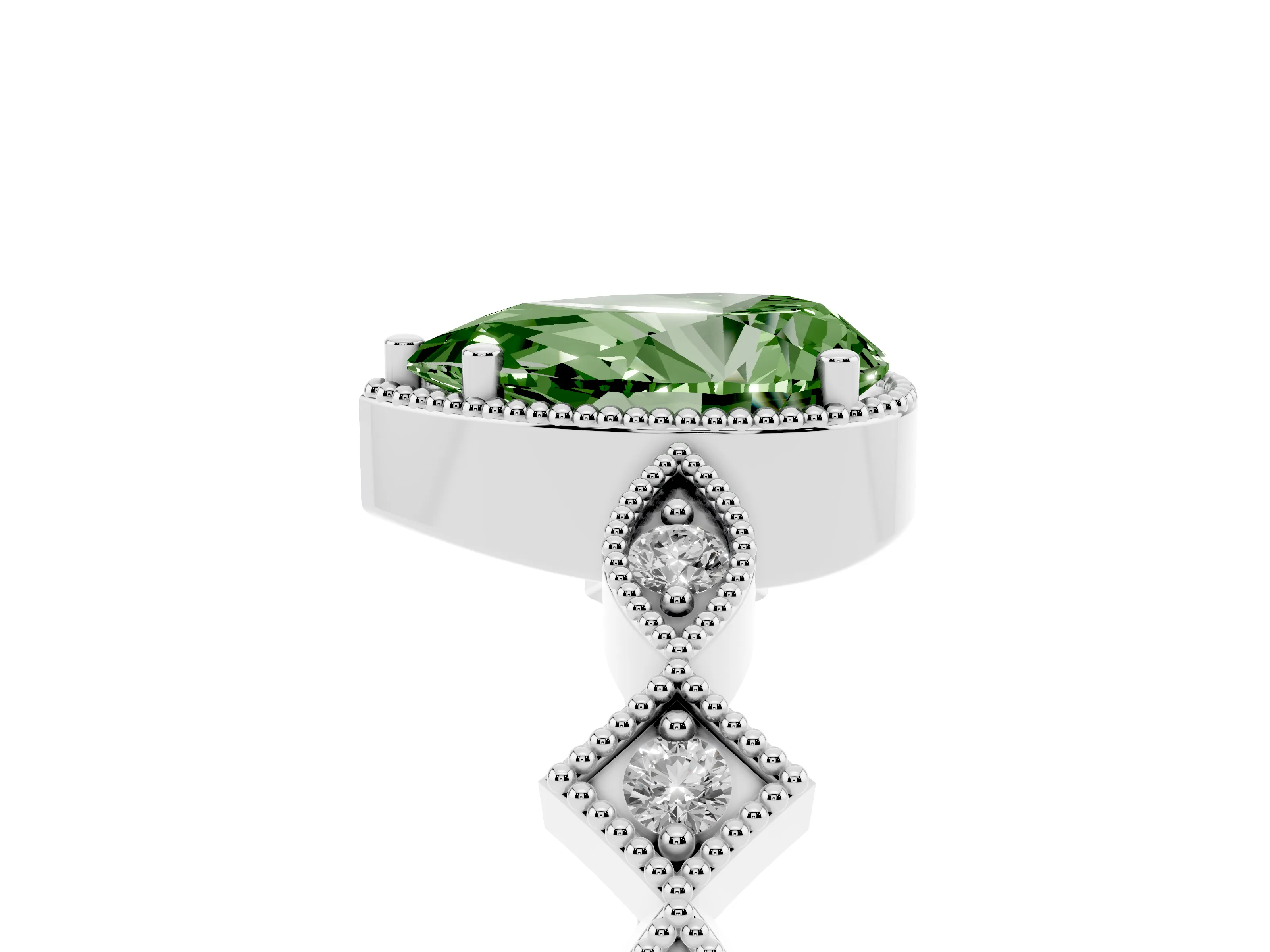 Fancy Green Pear Cut Diamond Milgrain Marquise Twist Band Ring Set in White gold with Prong Setting