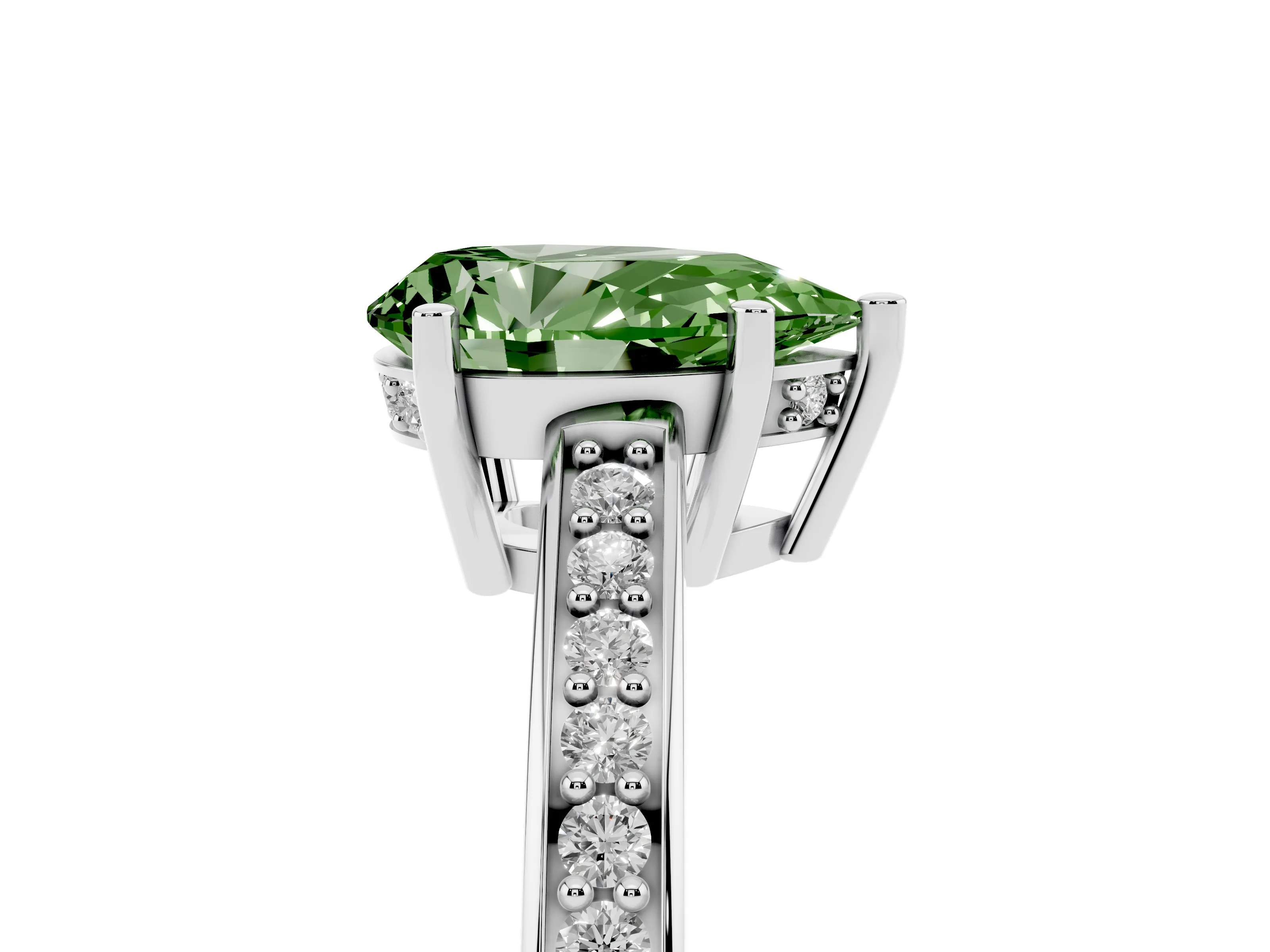 Fancy Green Pear Cut Diamond Pavé Band Prong Set Solitaire Ring Set in Platinum