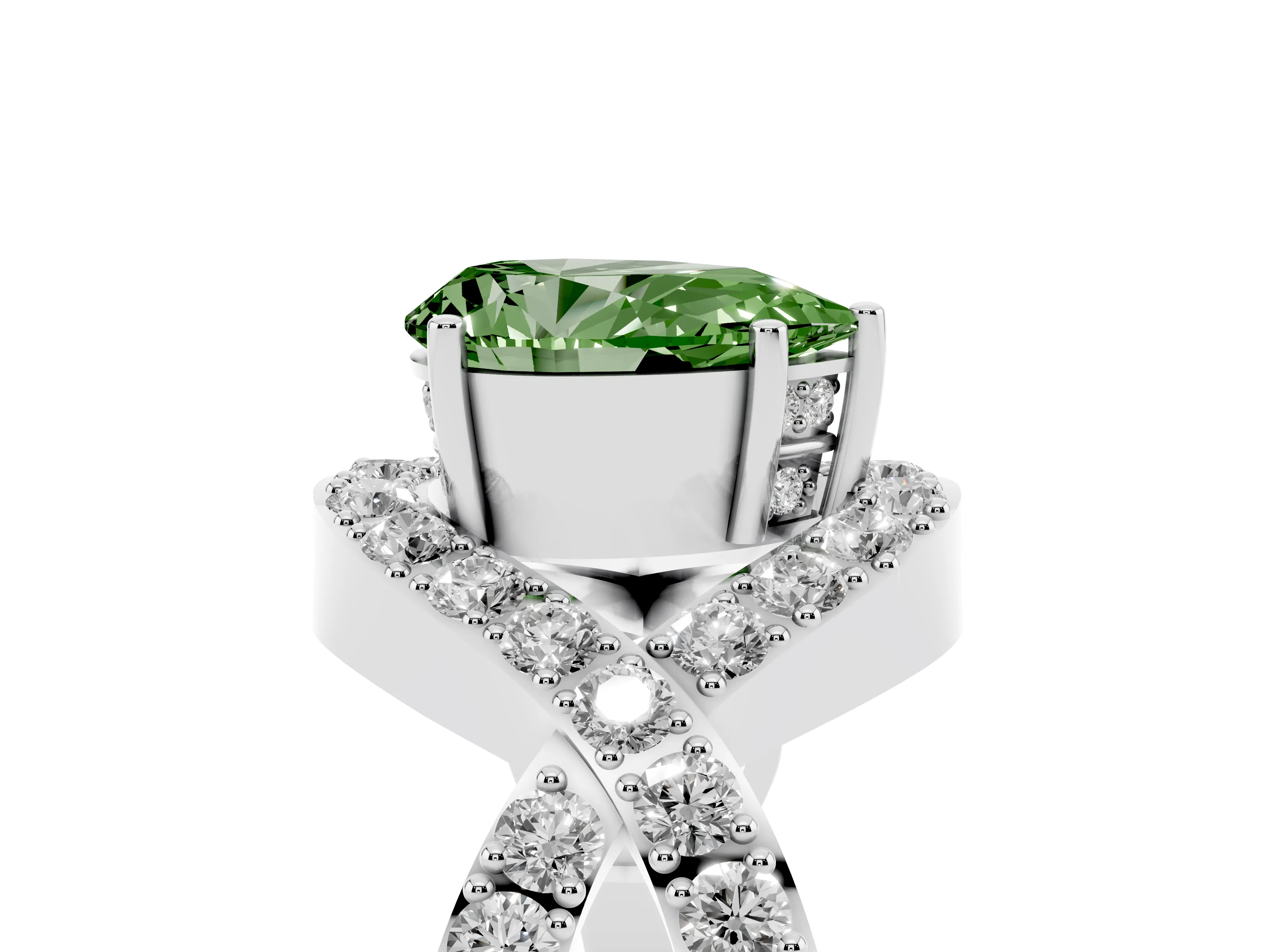 Fancy Green Pear Cut Diamond Solitaire Twist Band Pavé Engagement Ring Set in White gold