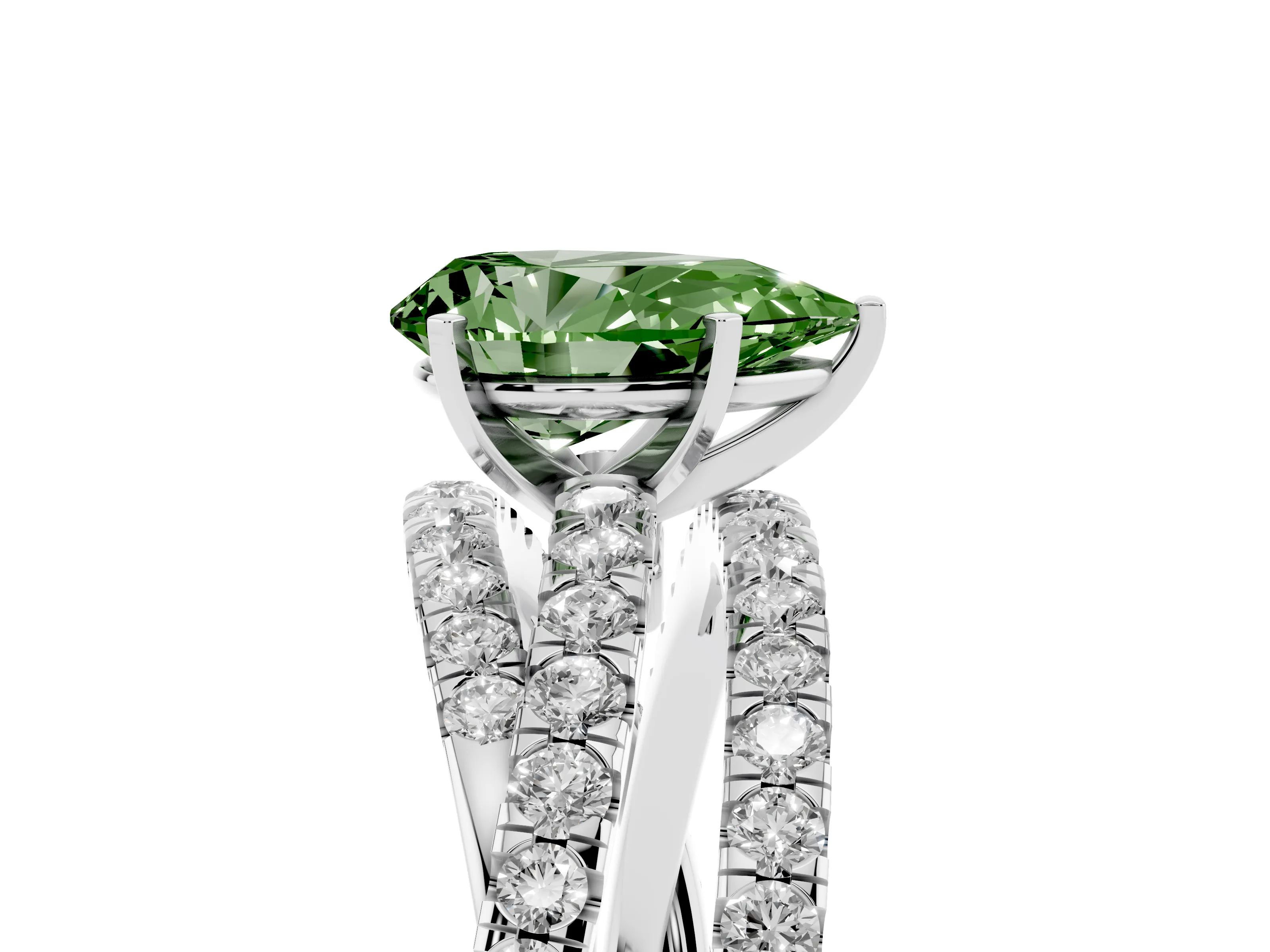 Fancy Green Pear Cut Diamond Solitaire Twist Band Ring Set in Platinum with Pavé Setting and Prong Head