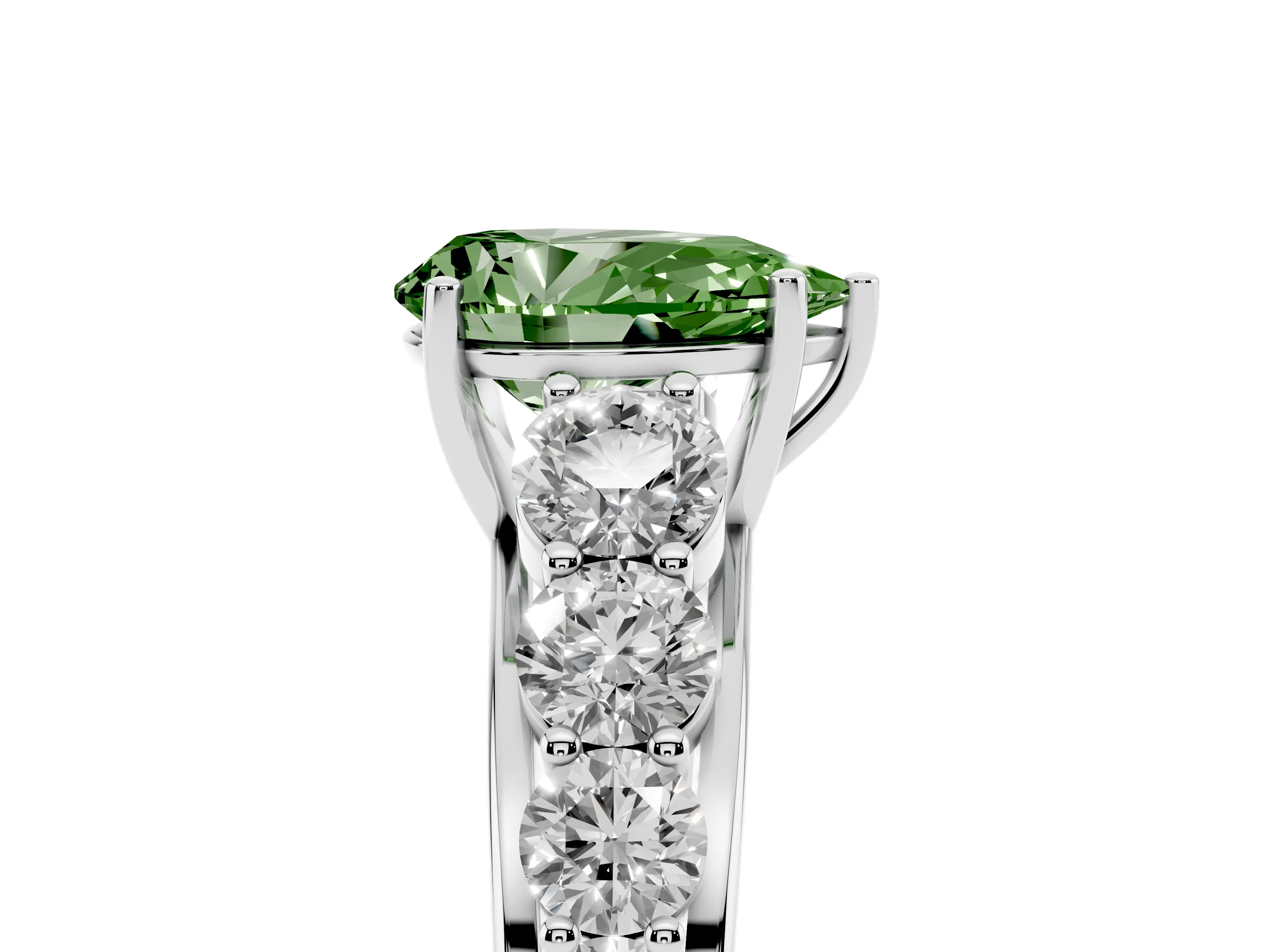 Fancy Green Pear Cut Diamond Solitaire Ring Set in Silver with Pavé-Set Band and Prong Setting