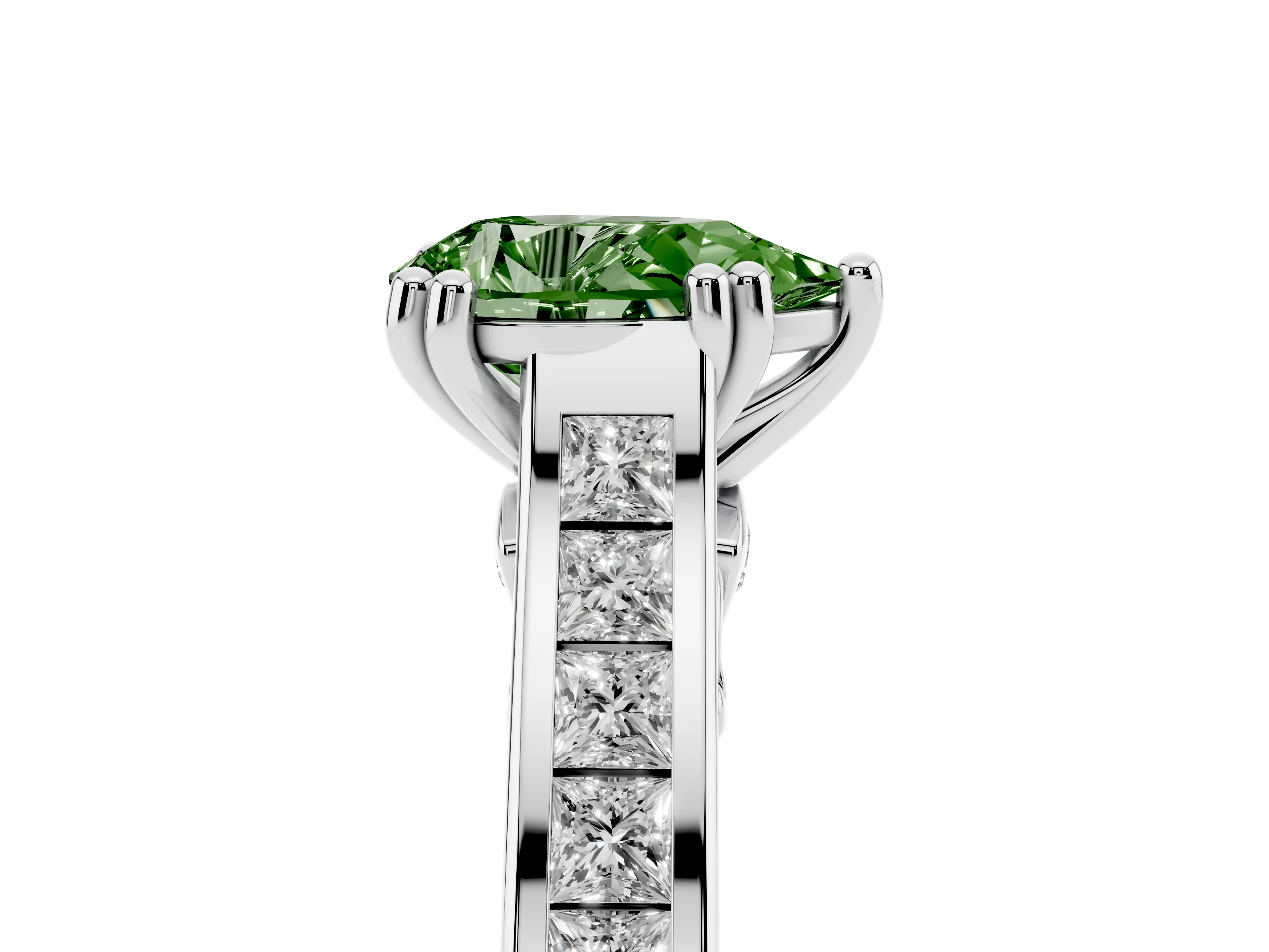 Fancy Green Pear Cut Diamond Channel Set Solitaire Engagement Ring Set in Silver with Prong Setting