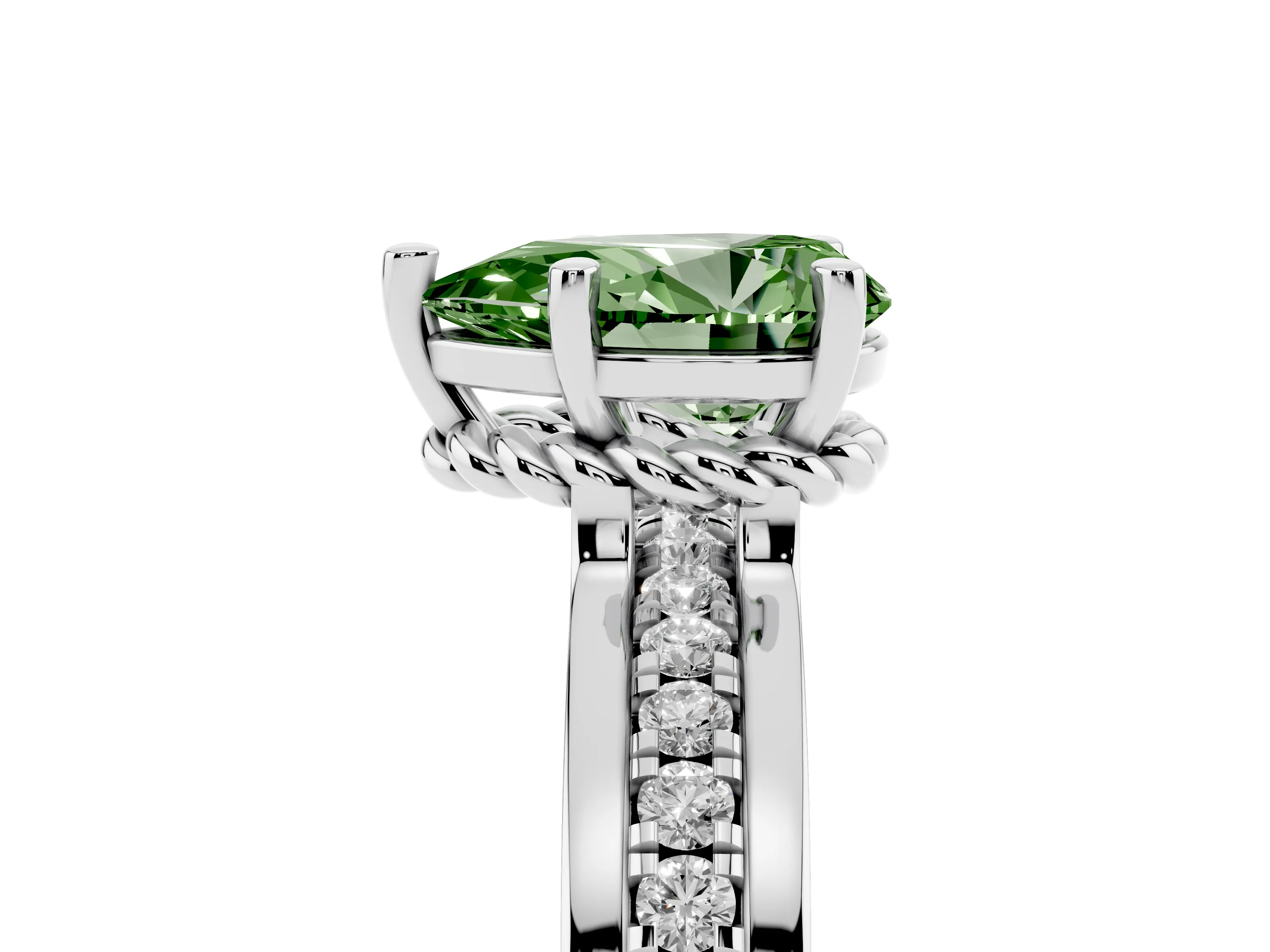 Fancy Green Pear Cut Diamond Solitaire Ring Set in Silver with Channel Set Band and Prong Setting