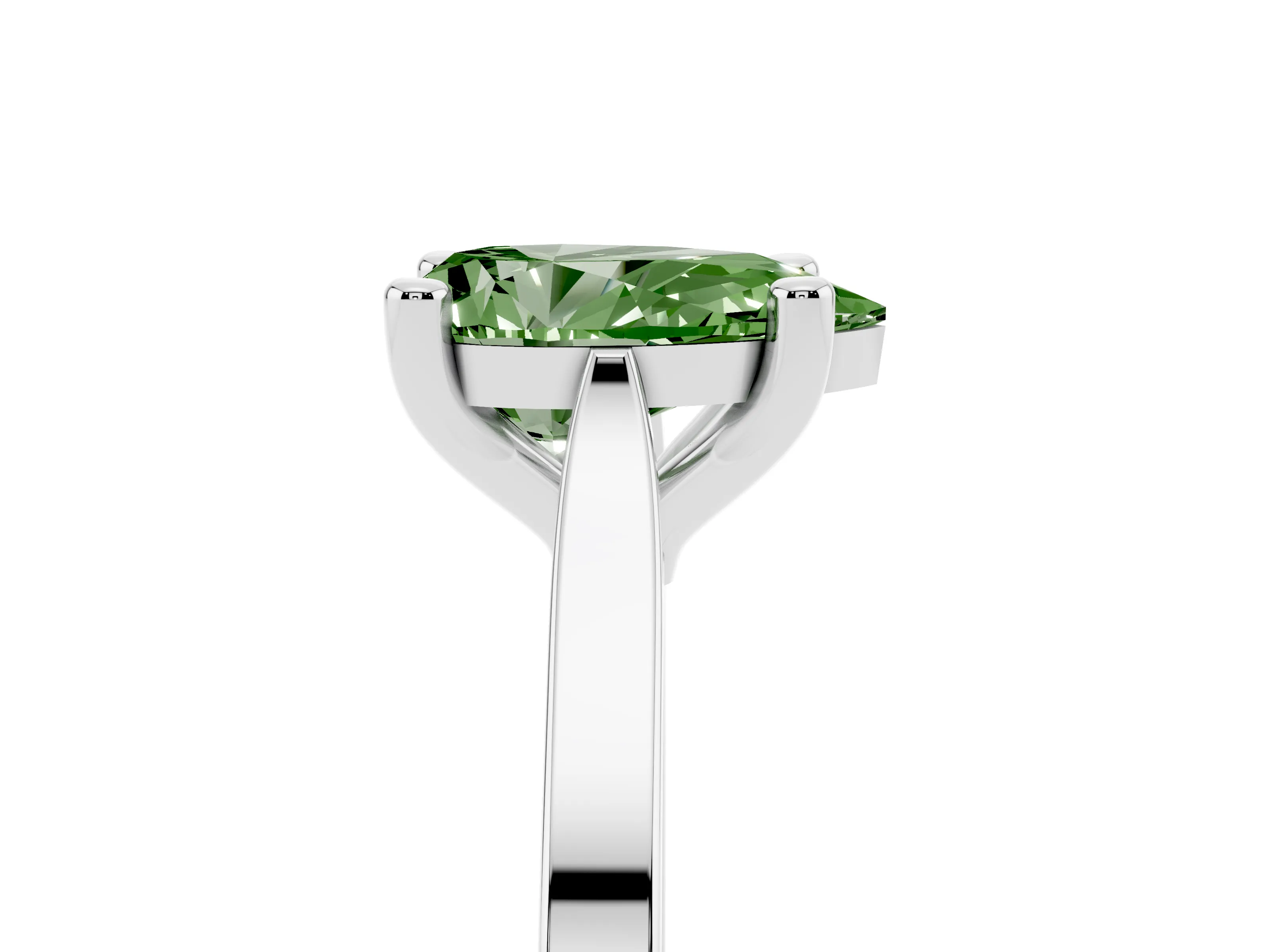 Fancy Green Pear Cut Diamond Solitaire Ring Set in Platinum with Prong Setting and Tapered Band