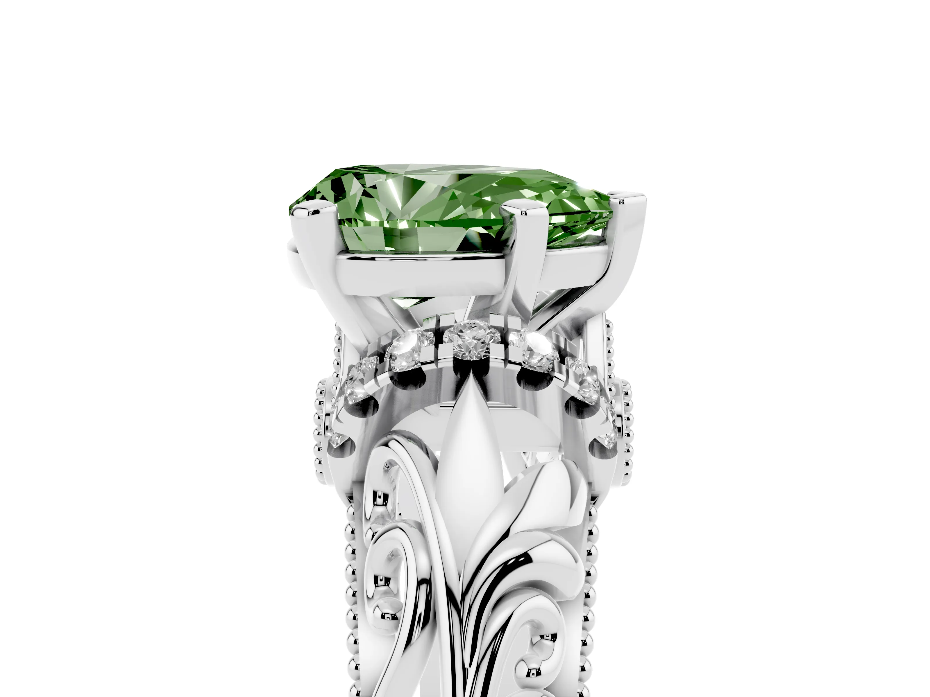 Fancy Green Pear Cut Diamond Filigree Halo Engagement Ring Set in White gold with Prong Setting