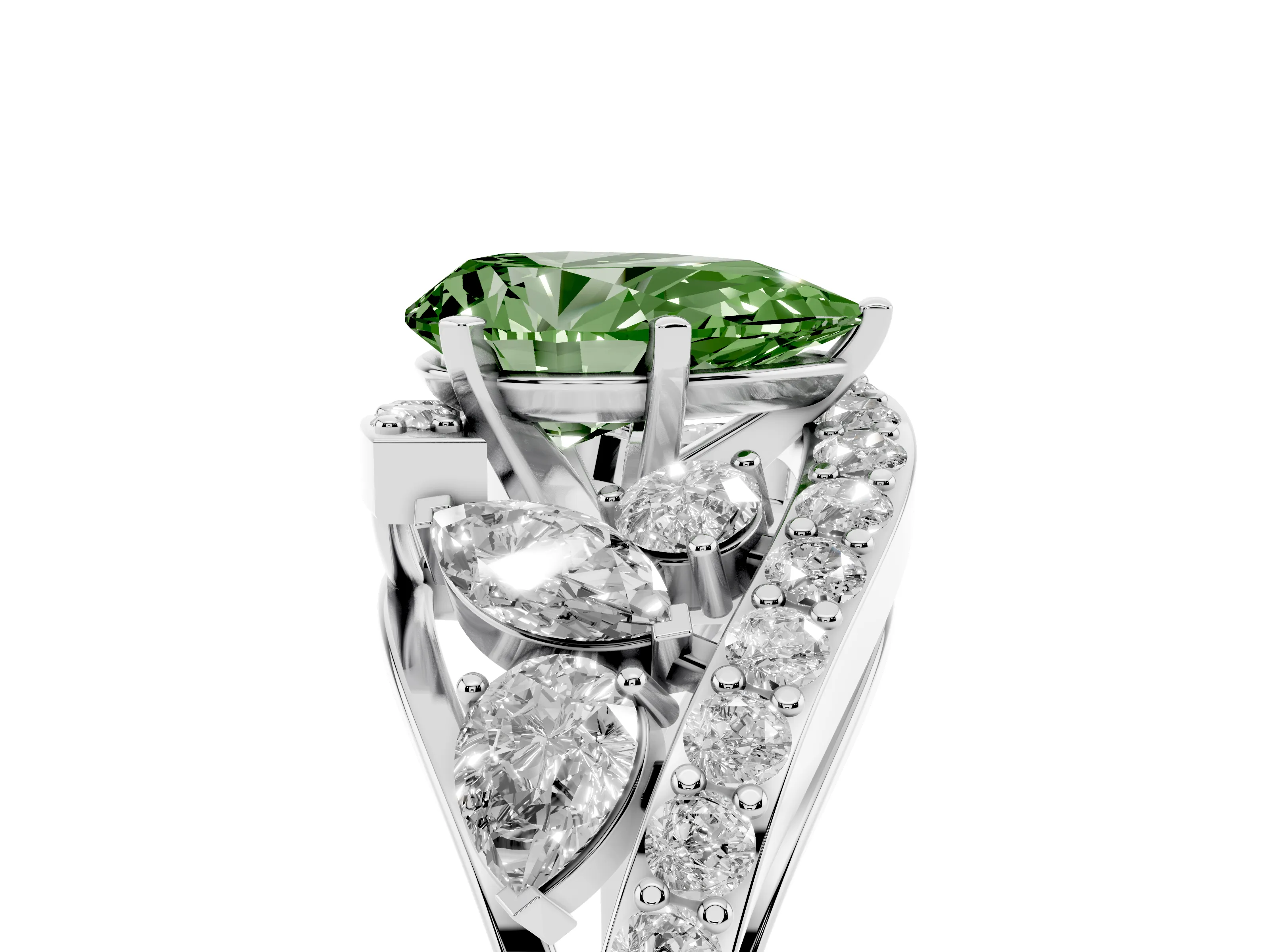 Fancy Green Pear Cut Diamond Halo Ring Set in Platinum with Marquise and Pavé Band in Prong Setting