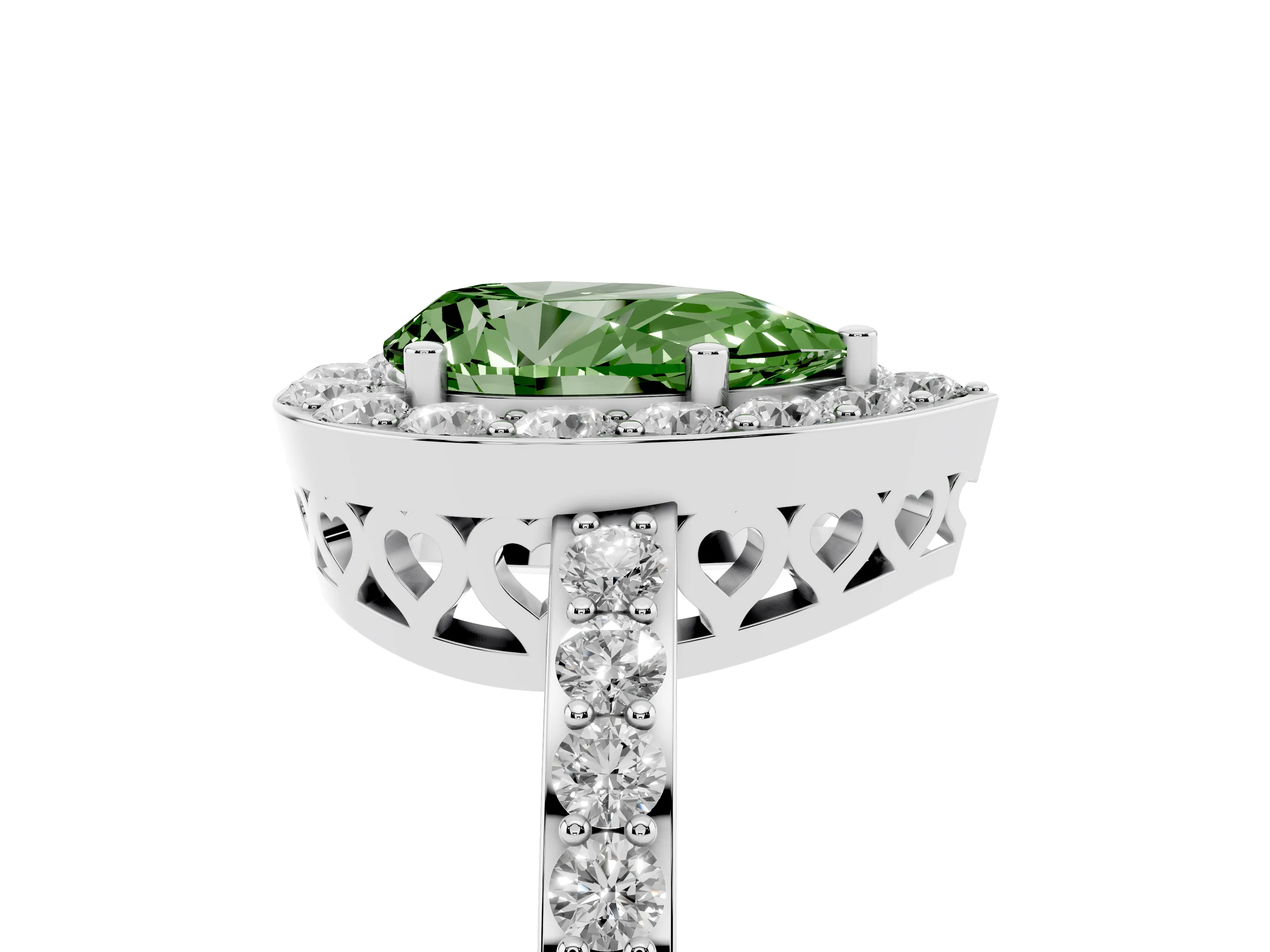 Fancy Green Pear Cut Diamond Halo Ring Set in Platinum with Pavé-Setting Band and Open Prong Center