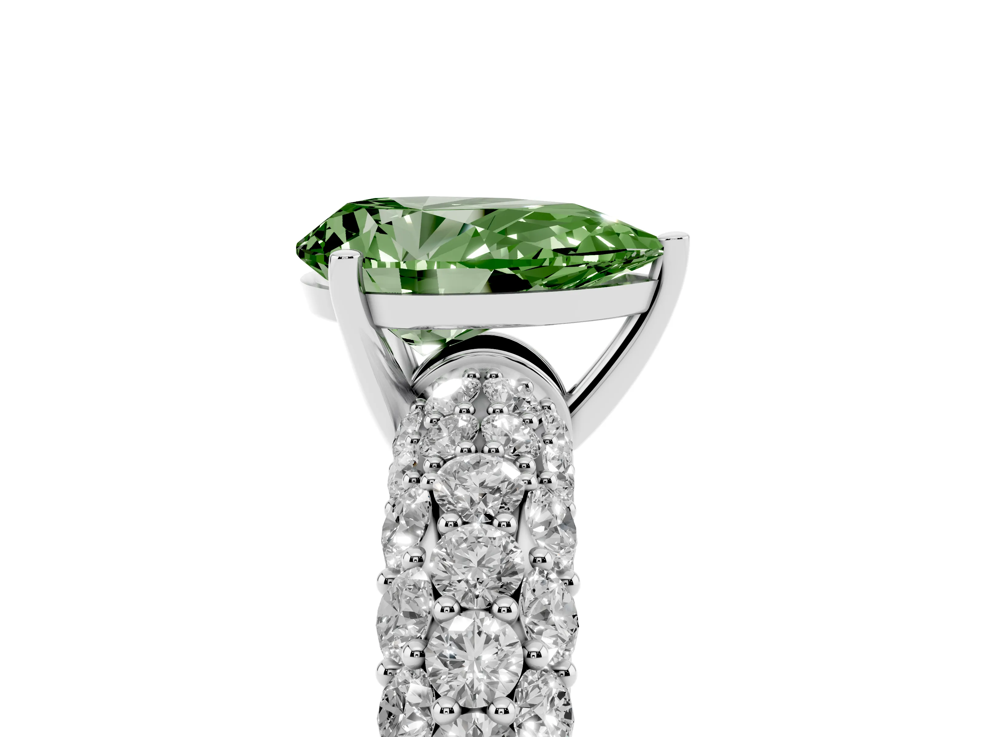 Fancy Green Pear Cut Diamond Pavé Band Solitaire Ring Set in White gold with Close-Set Accent Stones and Prong Setting
