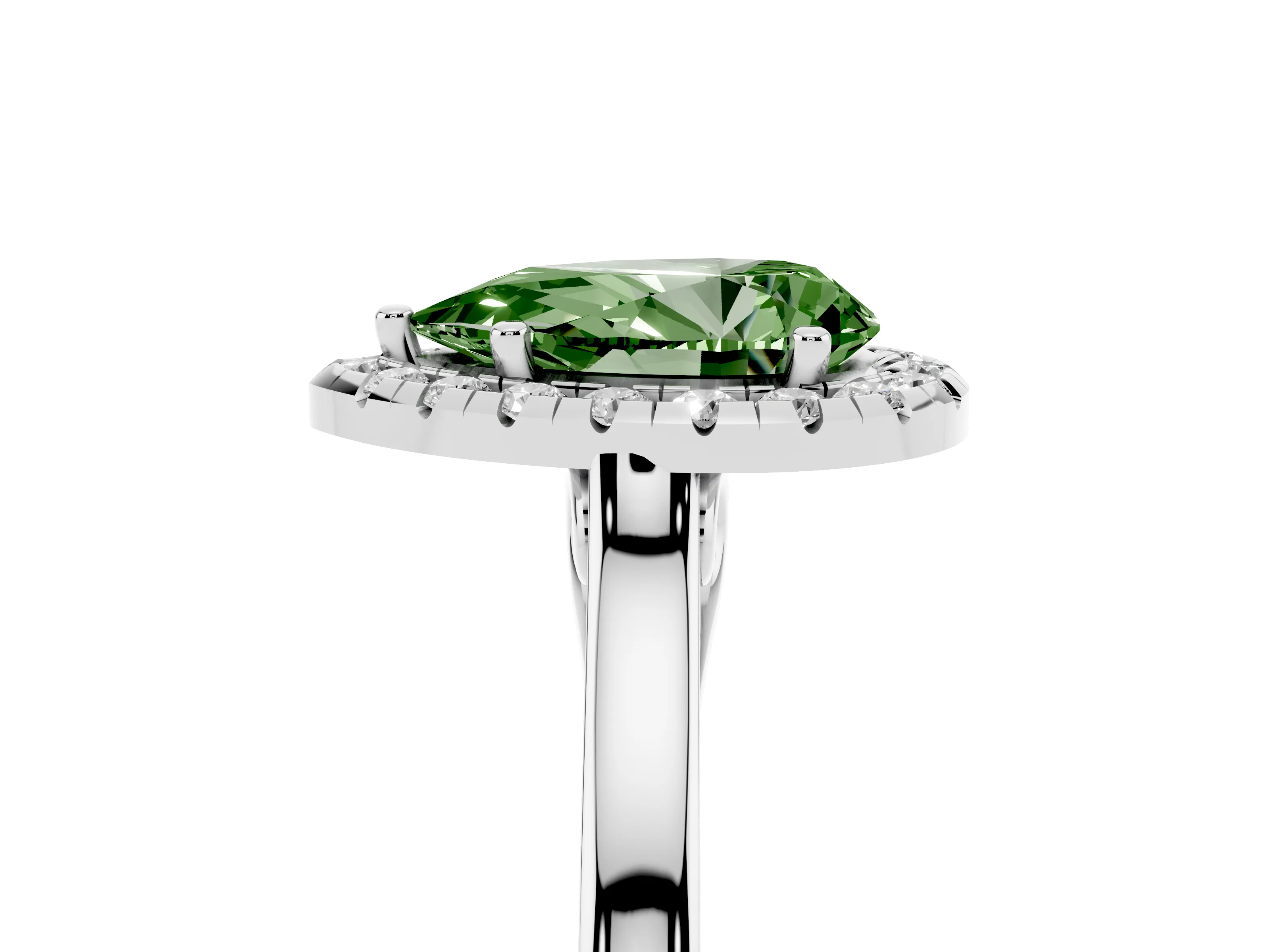 Fancy Green Pear Cut Halo Round Diamond Solitaire Ring Set in White gold with Pavé Band and Prong Setting