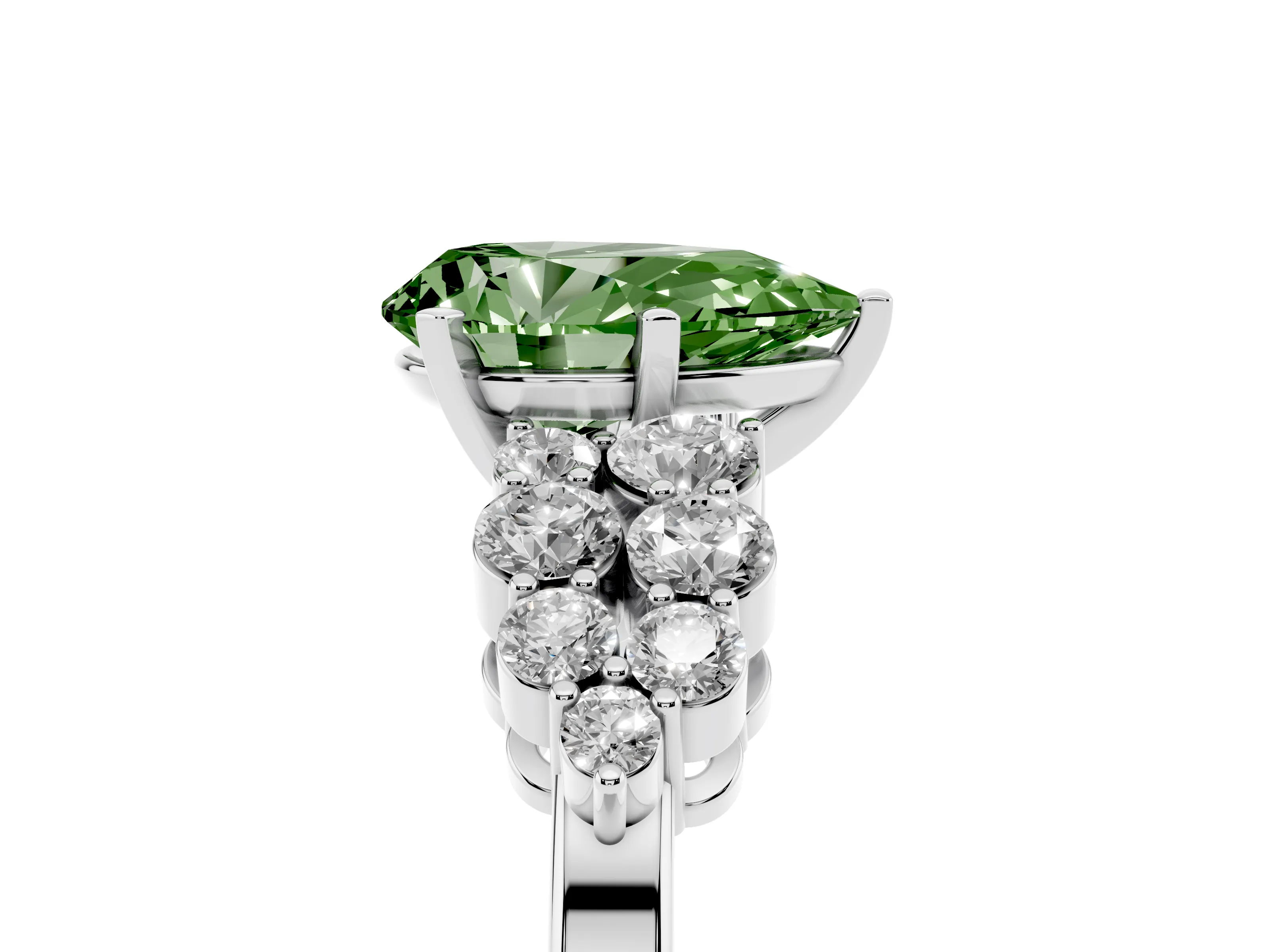 Fancy Green Pear Cut Diamond Cluster Engagement Ring Set in Silver with Pavé Band and Prong Setting
