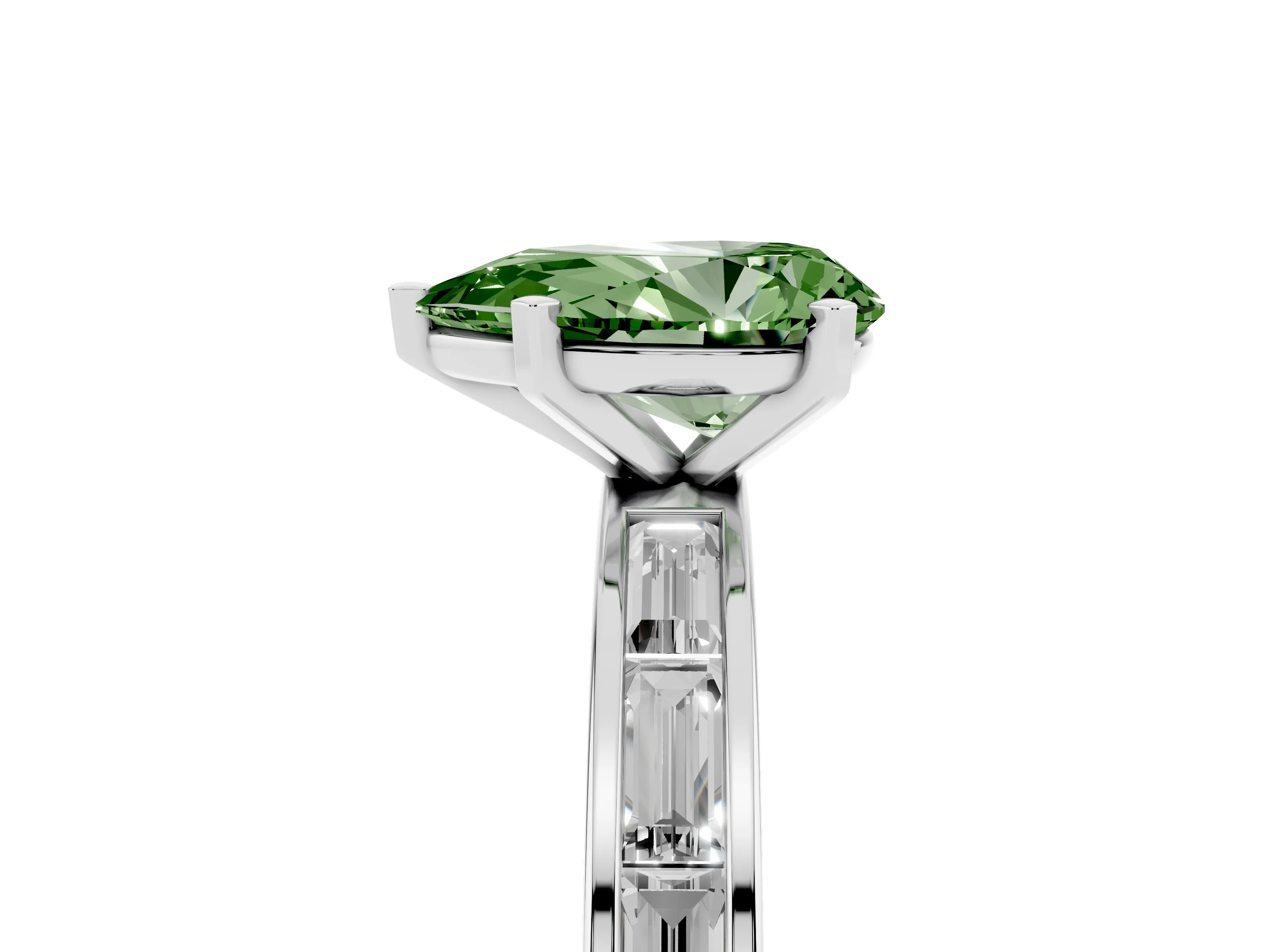 Fancy Green Pear Cut Diamond Solitaire Ring Set in Platinum with Channel-Set Baguette Band and Prong Setting
