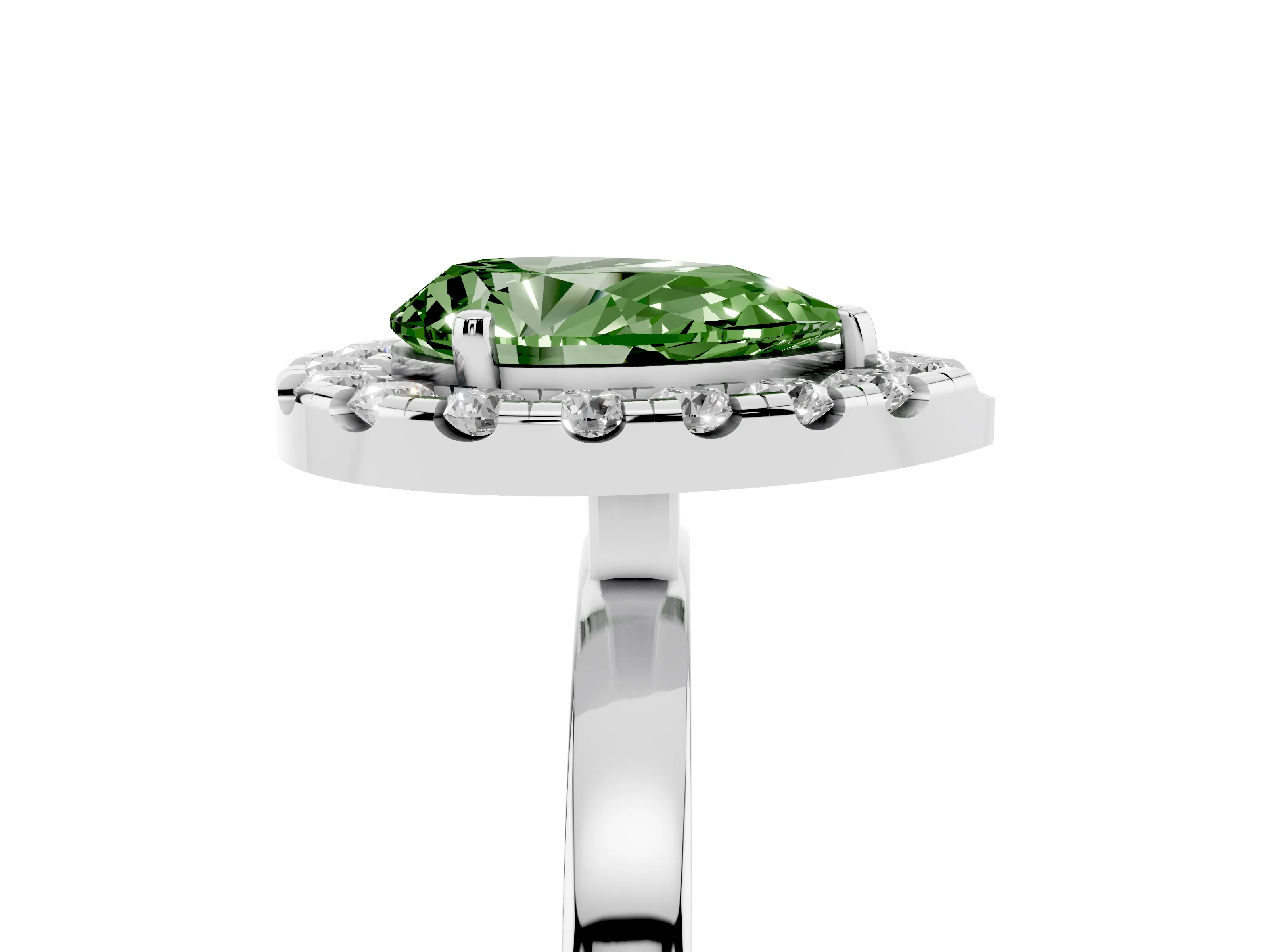 Fancy Green Pear Cut Diamond Halo Solitaire Ring Set in Silver with Pavé Band and Prong Setting