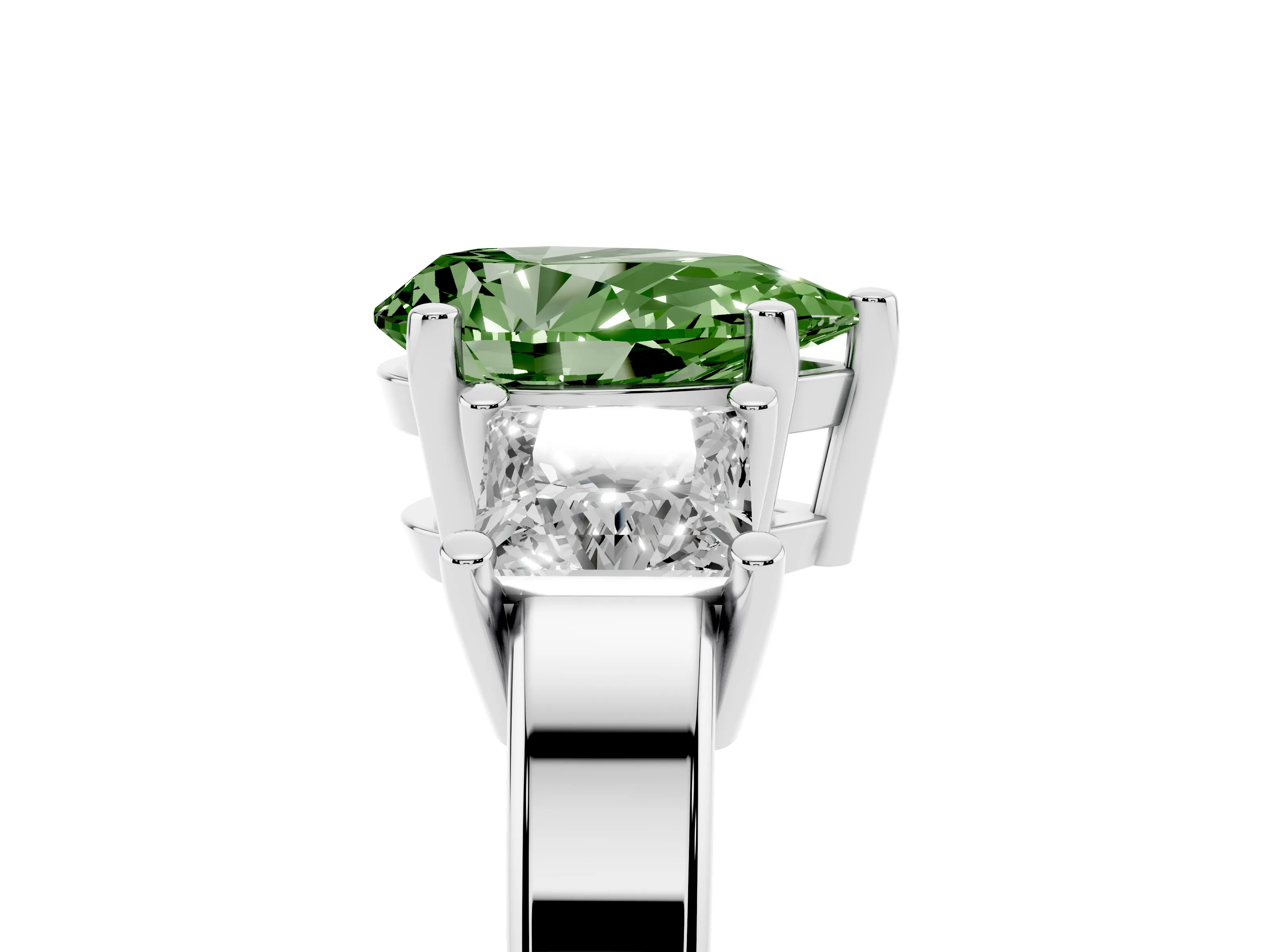 Fancy Green Three-Stone Pear Cut Diamond Solitaire Ring Set in Platinum with Prong Setting