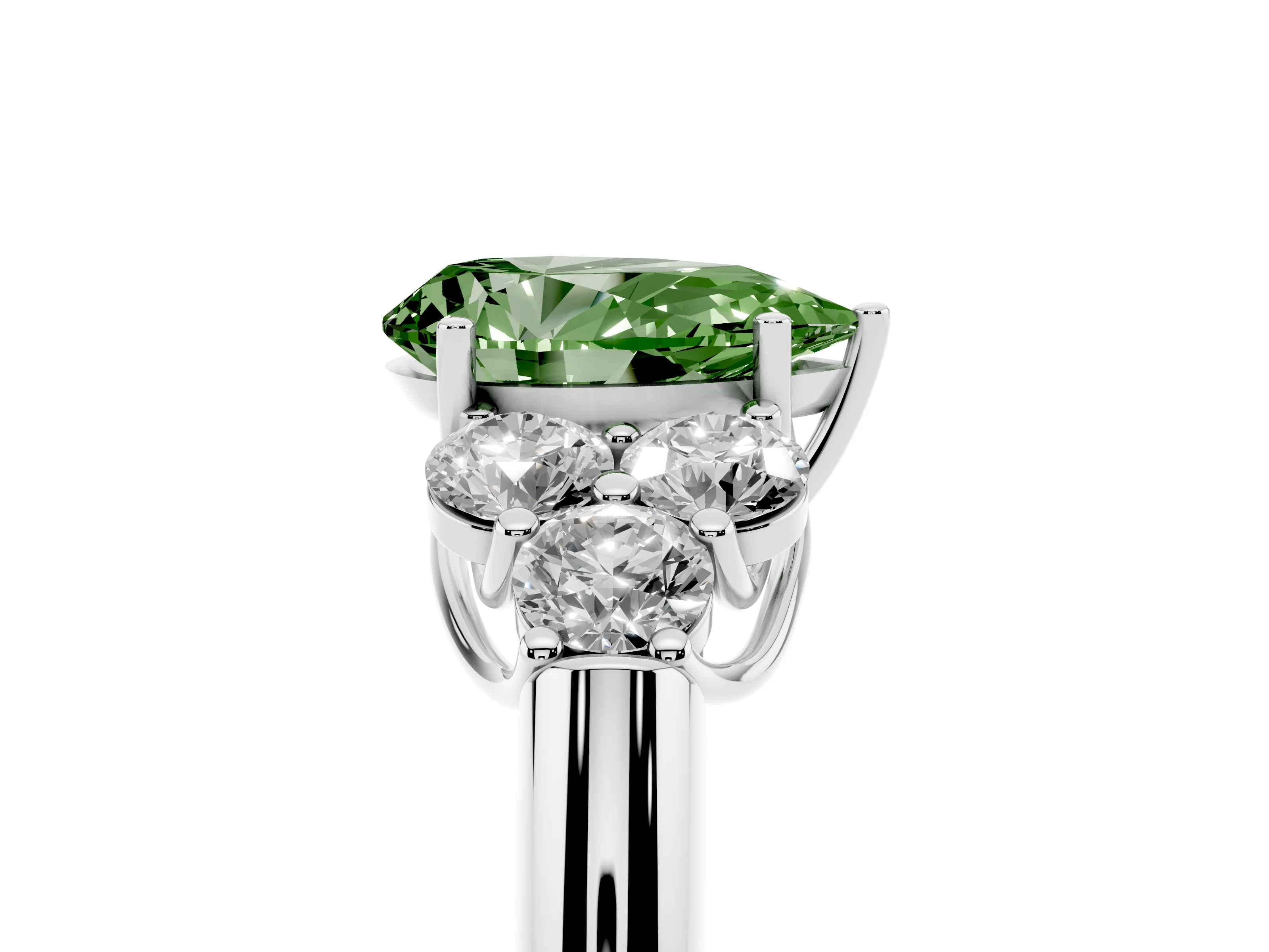 Fancy Green Pear Cut Diamond Cluster Ring Set in Silver with Round Accent Stones and Prong Setting on a Plain Band