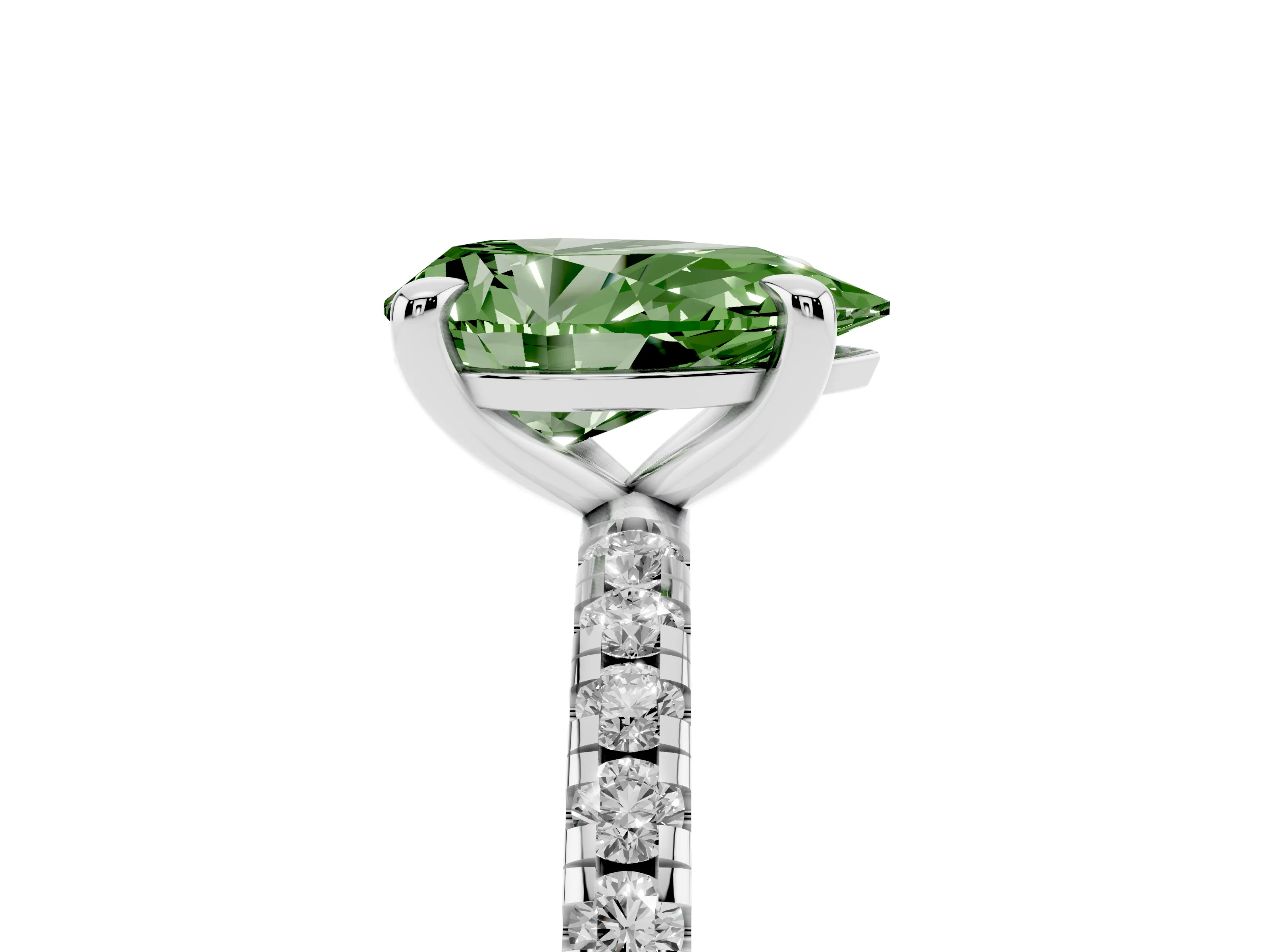 Fancy Green Pear Cut Diamond Brilliant Solitaire Ring Set in White gold with Pavé Band and Prong Setting