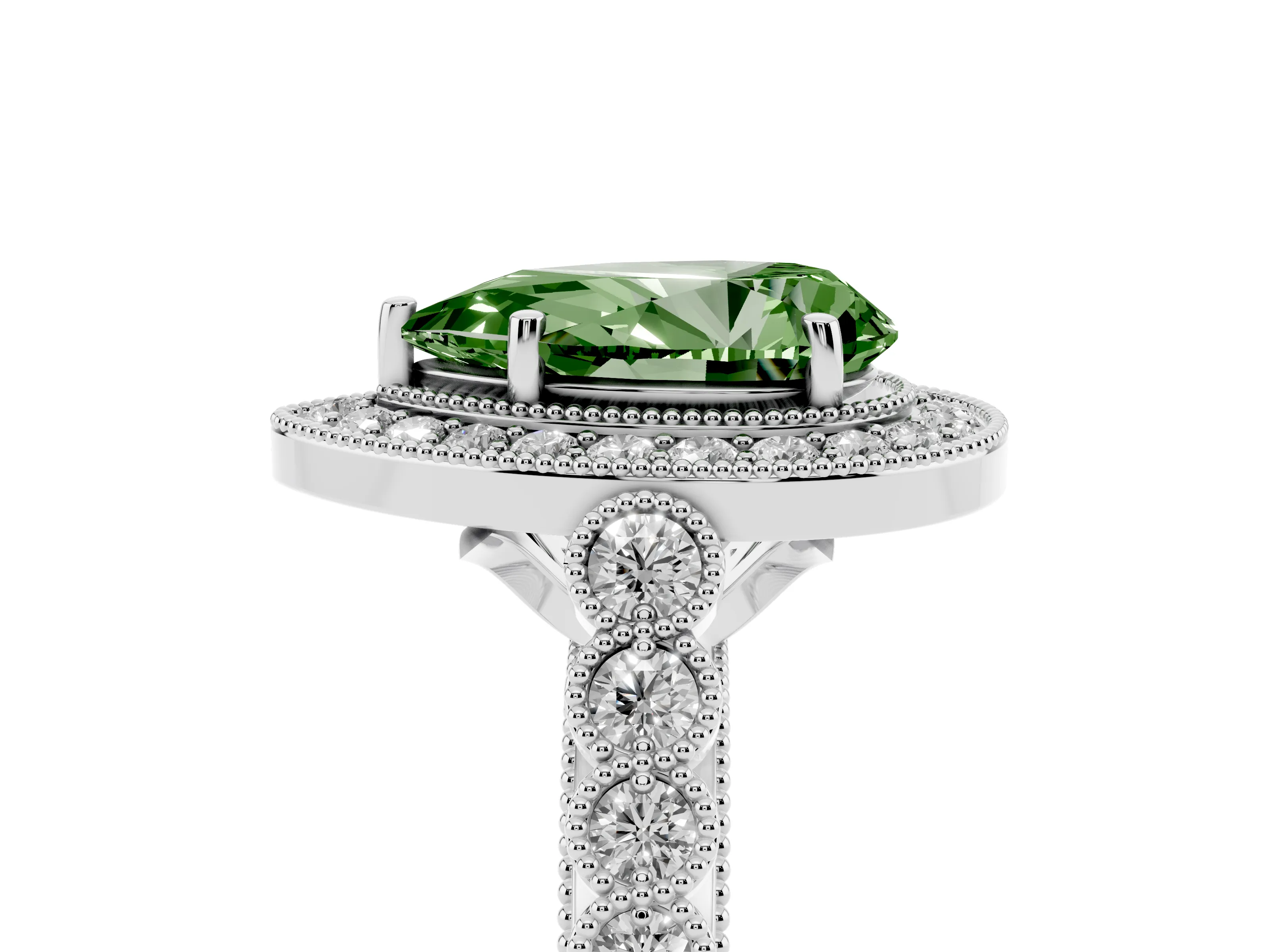 Fancy Green Pear Cut Diamond Milgrain Halo Solitaire Ring Set in Silver with Bezel Set Side Stones and Pavé Band