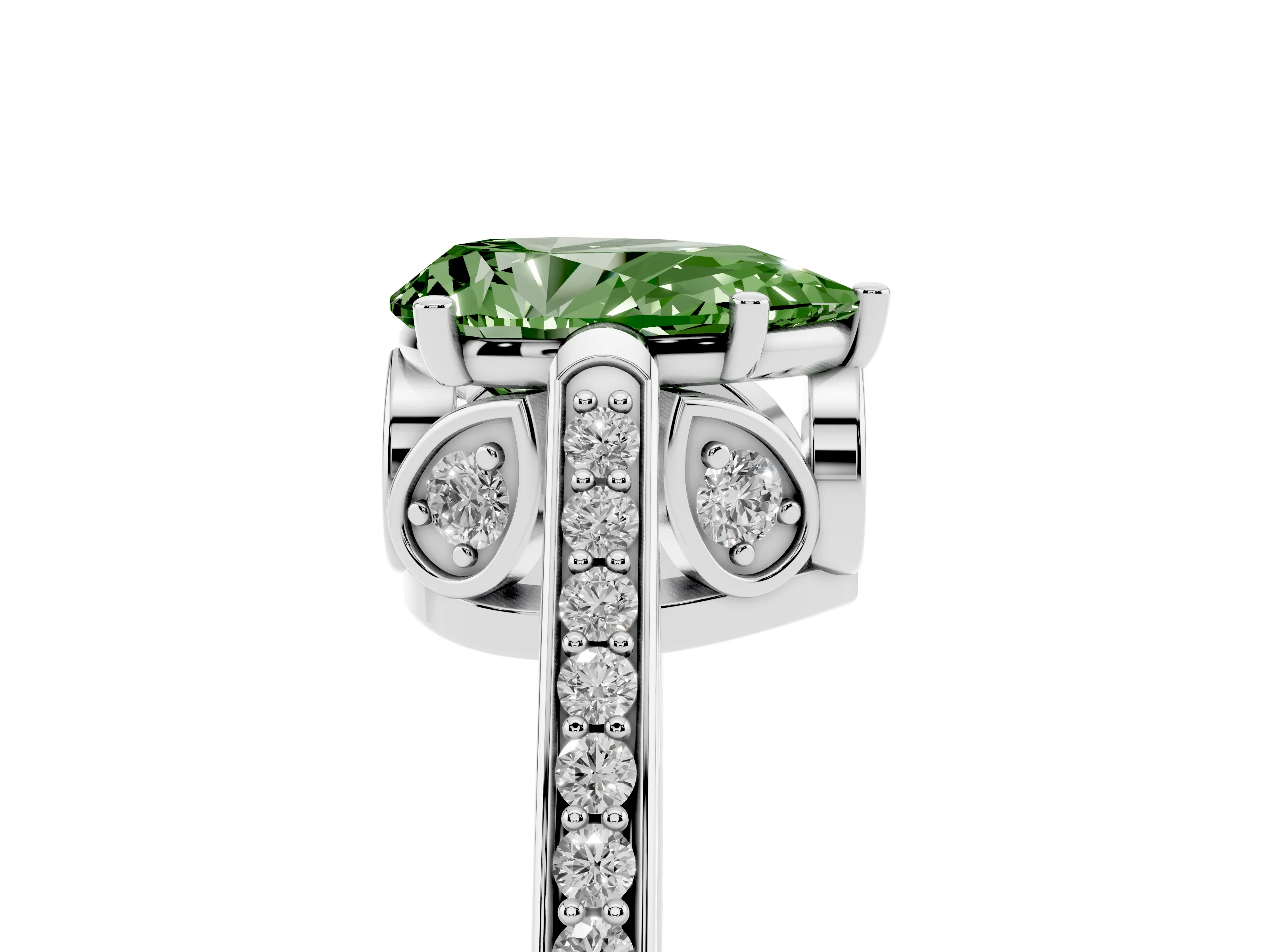 Fancy Green Pear Cut Diamond Cathedral Pavé Engagement Ring Set in White gold with Prong Setting