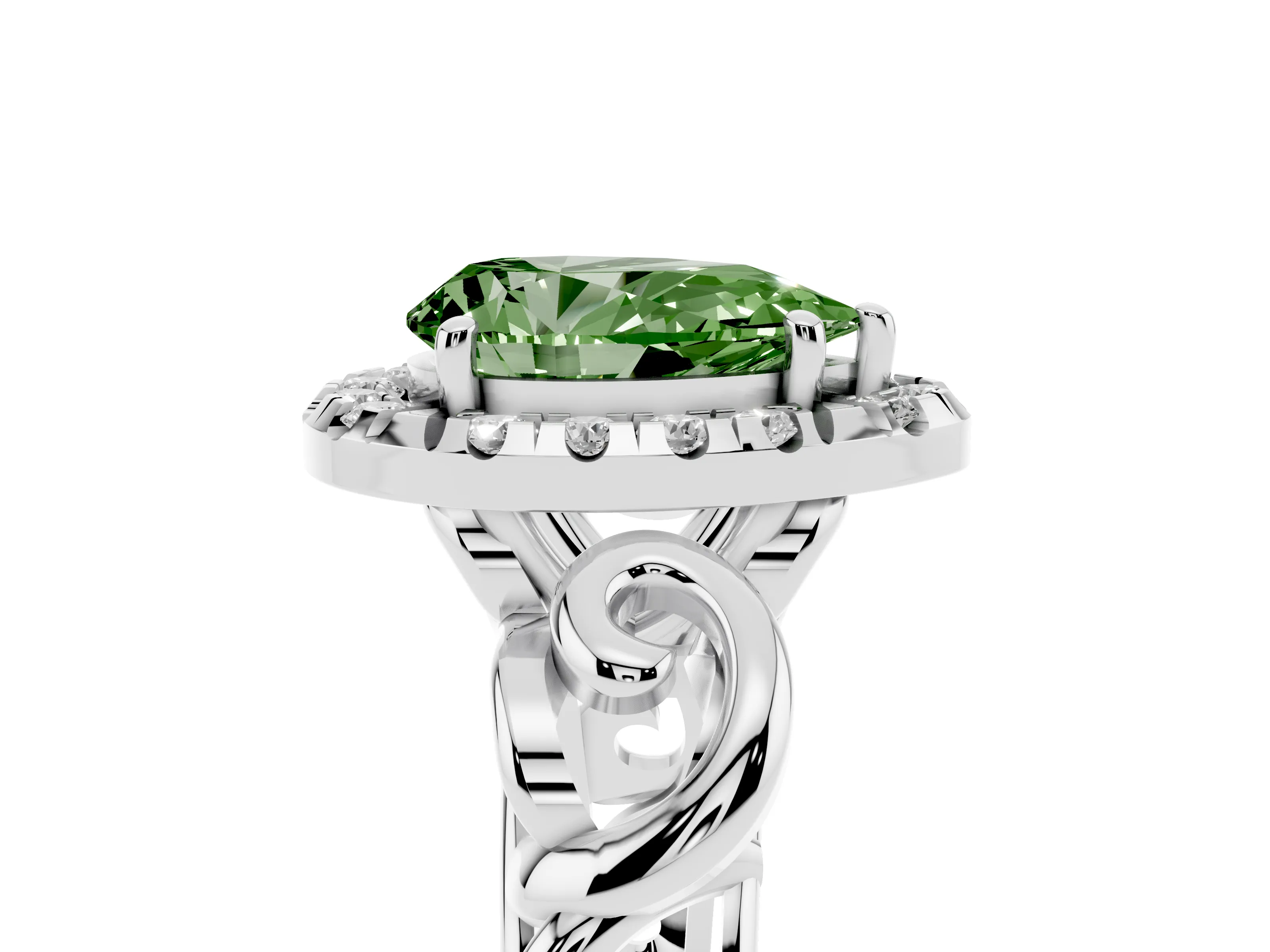 Fancy Green Pear Cut Diamond Halo Ring Set in Platinum with Scrollwork Band and Prong Setting