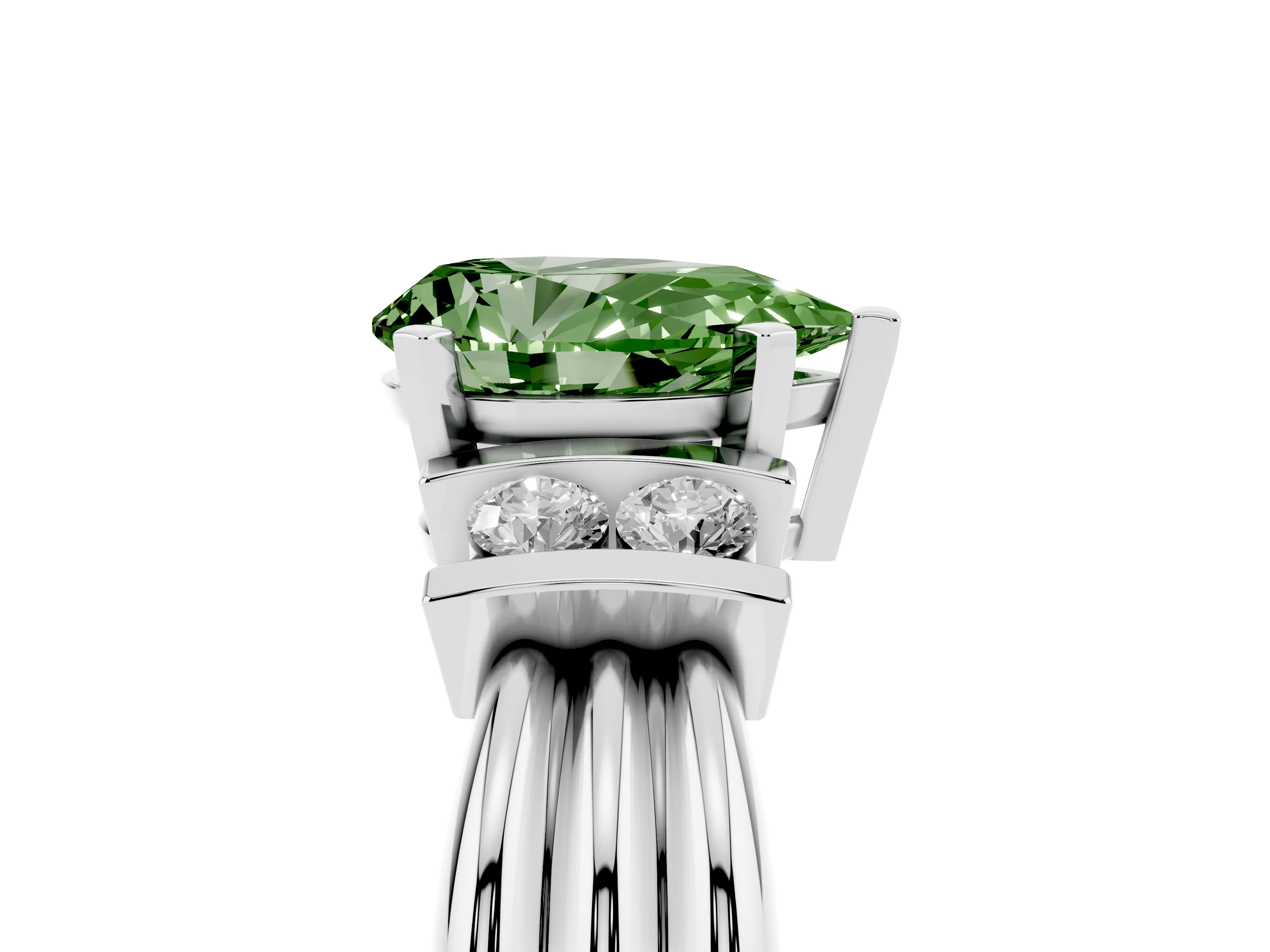Fancy Green Three-Stone Pear Cut Diamond Channel Set Ring Set in Platinum with Bar Prongs