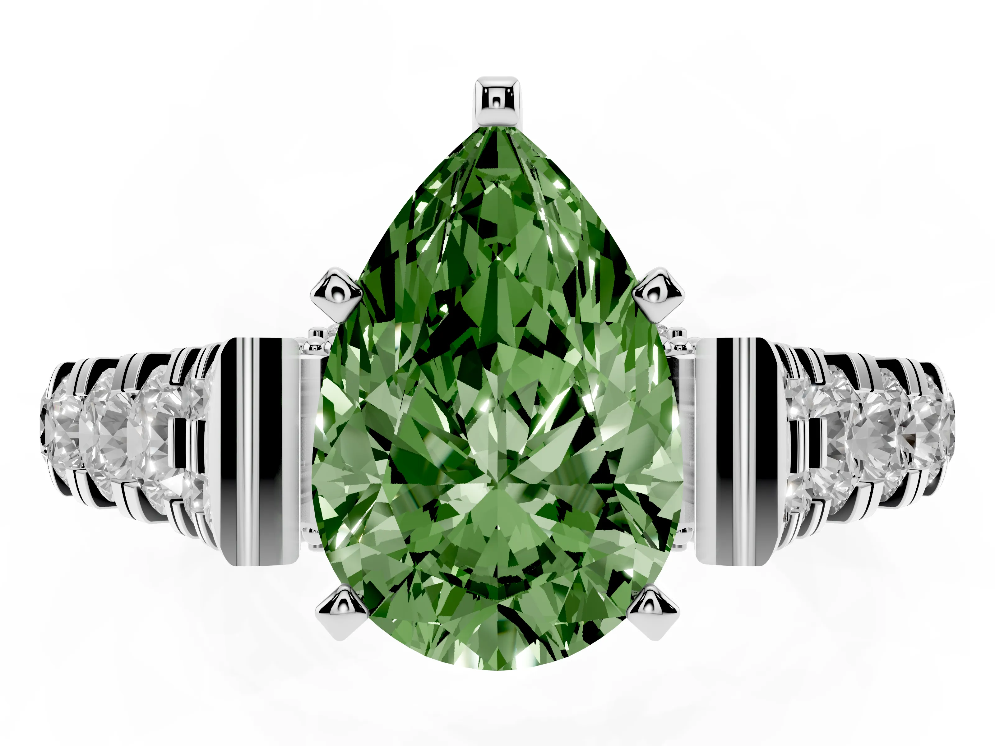 Fancy Green Pear Cut Diamond Classic Solitaire Ring Set in Platinum with Pavé Band and Prong Setting
